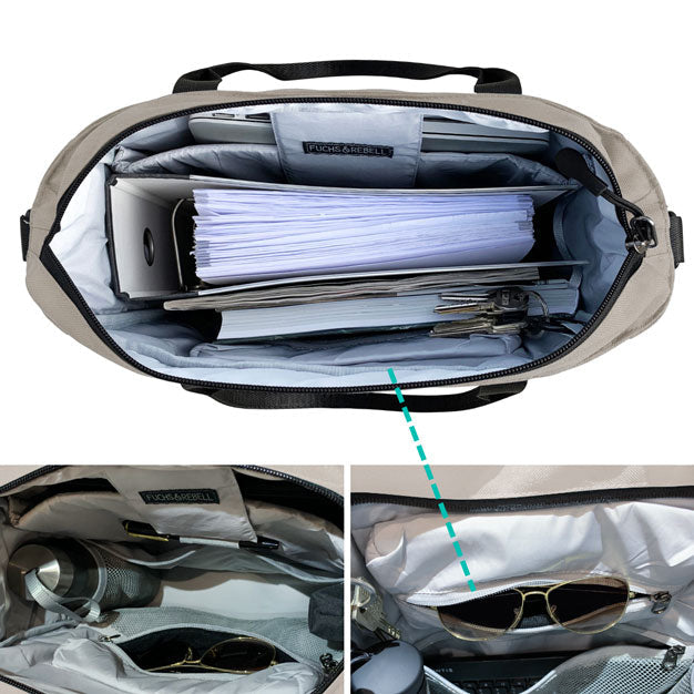 Innenansicht der FUCHS und REBELL JONA Umhaengetasche in beige mit vielen praktischen Faechern.