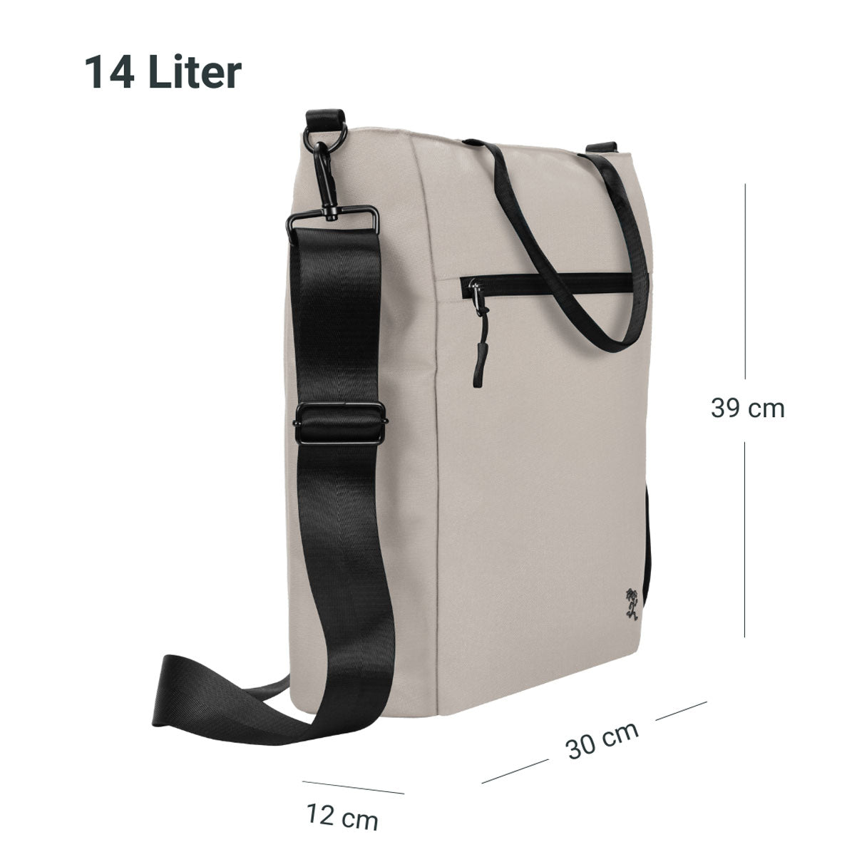 Seitenansicht der FUCHS und REBELL JONA Umhaengetasche in beige mit Groessenangaben.