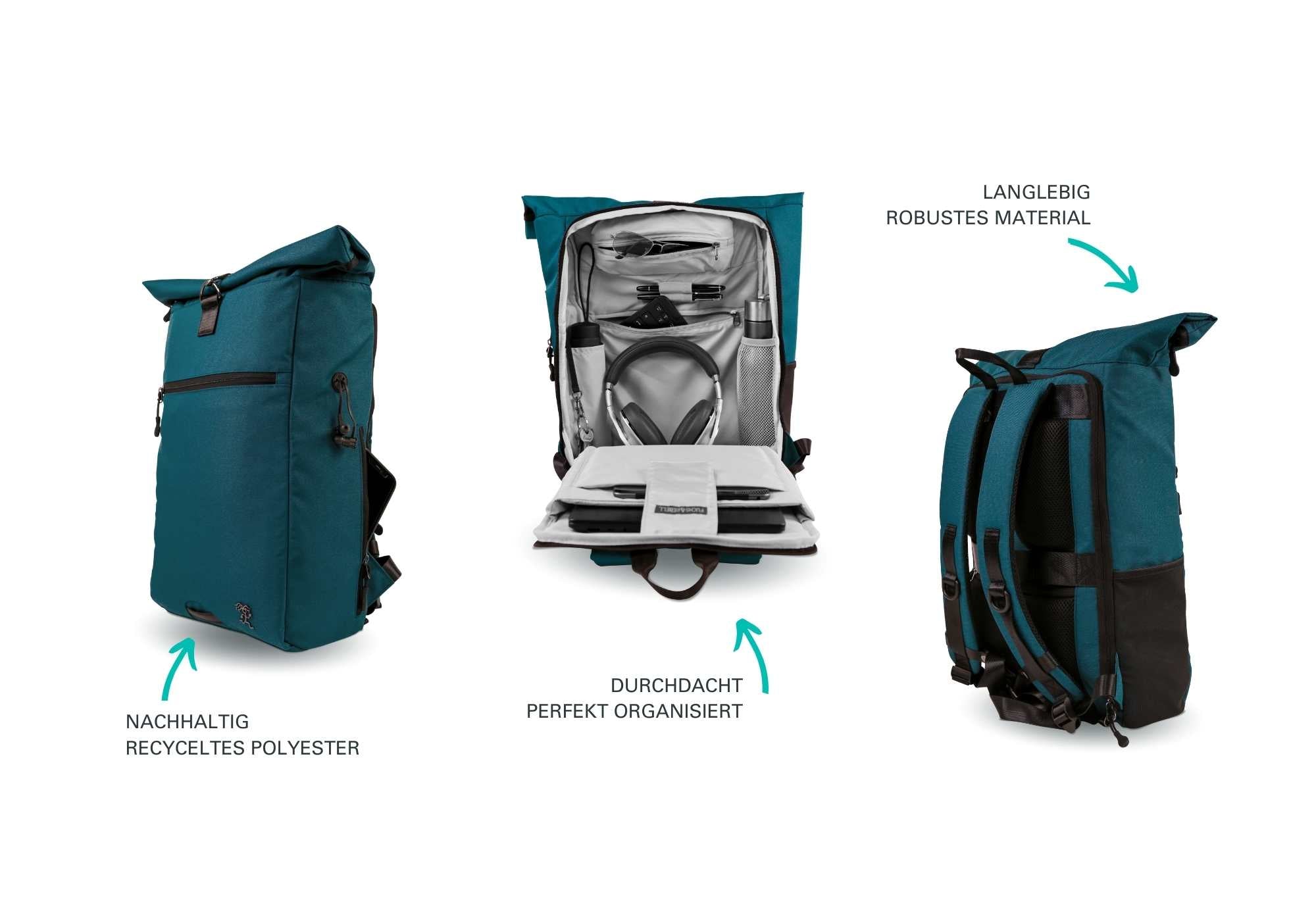 Vorteile und Features des FUCHS und REBELL PIET Rucksacks in petrolblau.