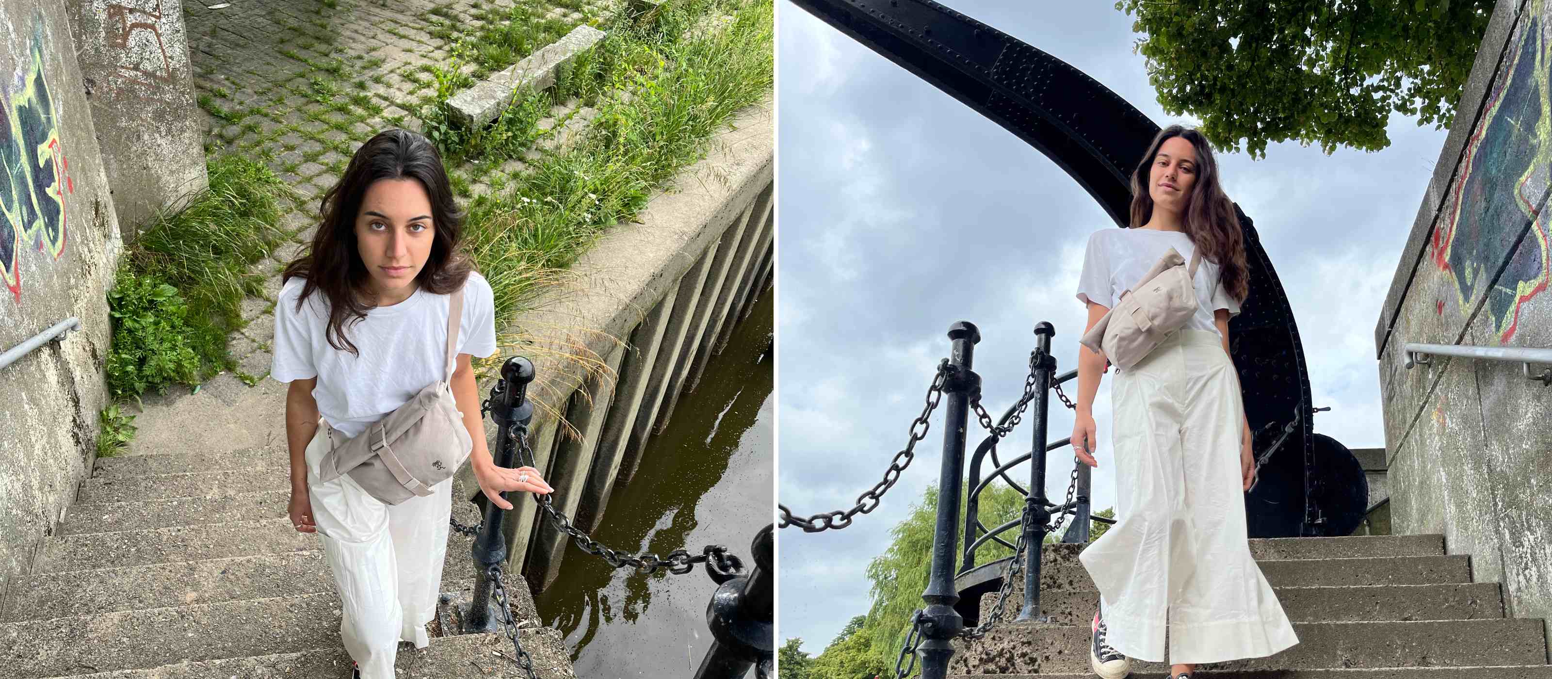 FRau geht die Treppe hoch und traegt die FUCHS und REBELL Crossbody Tasche LUCA in beige.