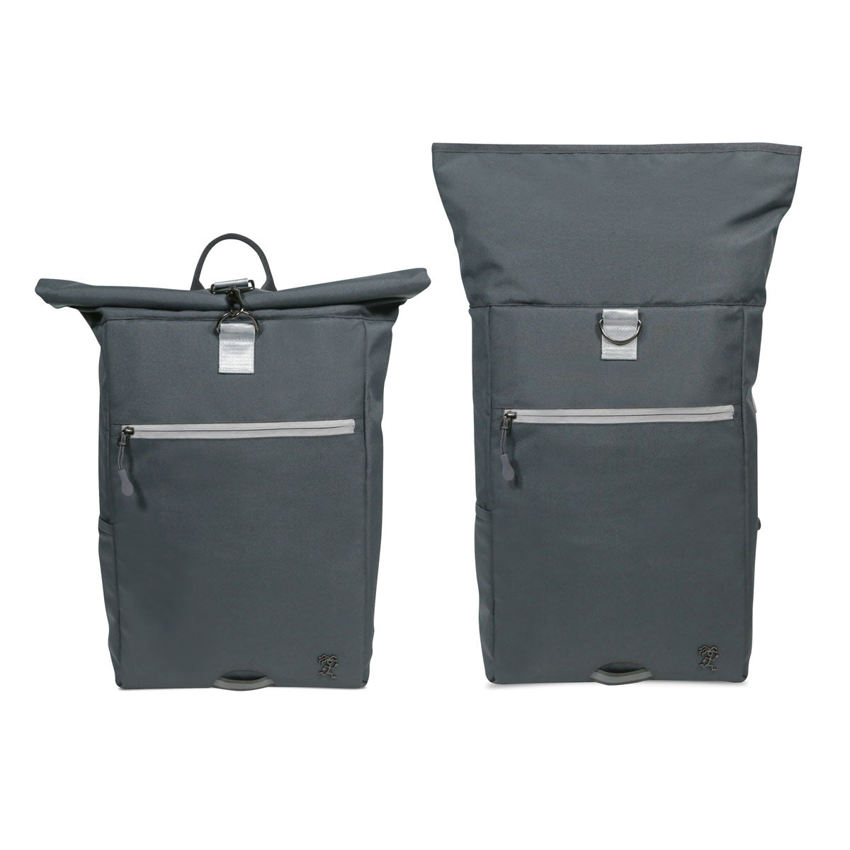 Vorderansicht des dunkelgrauen FUCHS und REBELL PIET Rolltop Rucksacks mit eingerolltem und ausgerolltem Rolltop