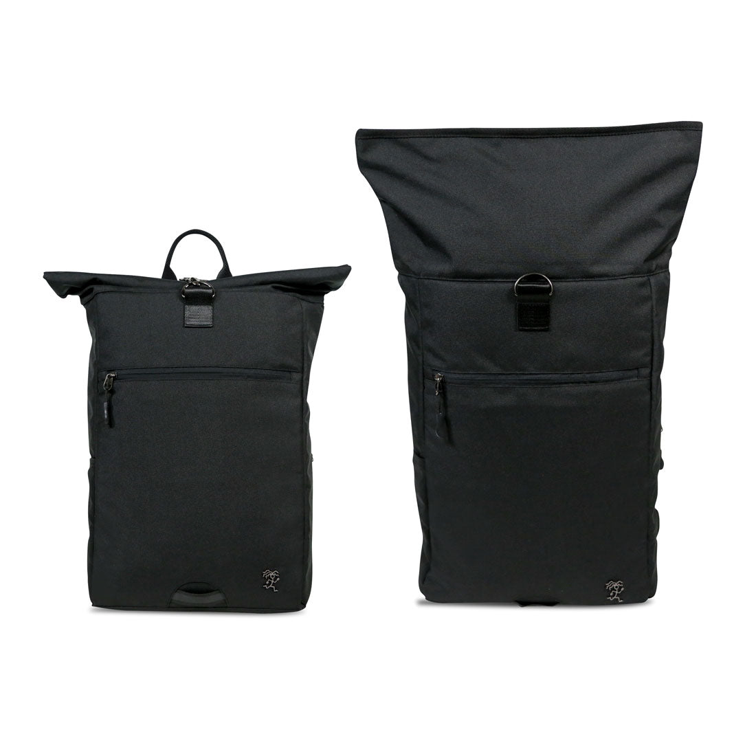Vorderansicht des schwarzen FUCHS und REBELL PIET Rolltop Rucksacks mit eingerolltem und ausgerolltem Rolltop