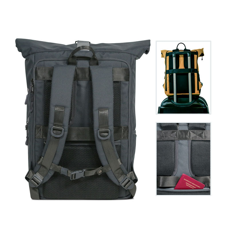 Rueckenansicht des dunkelgrauen FUCHS und REBELL PIET Rolltop Rucksacks mit gepolstertem Ruecken und Schultergurten, abnehmbarem Brustgurt, stabilem Koffergurt und Anti-Diebstahlfach.