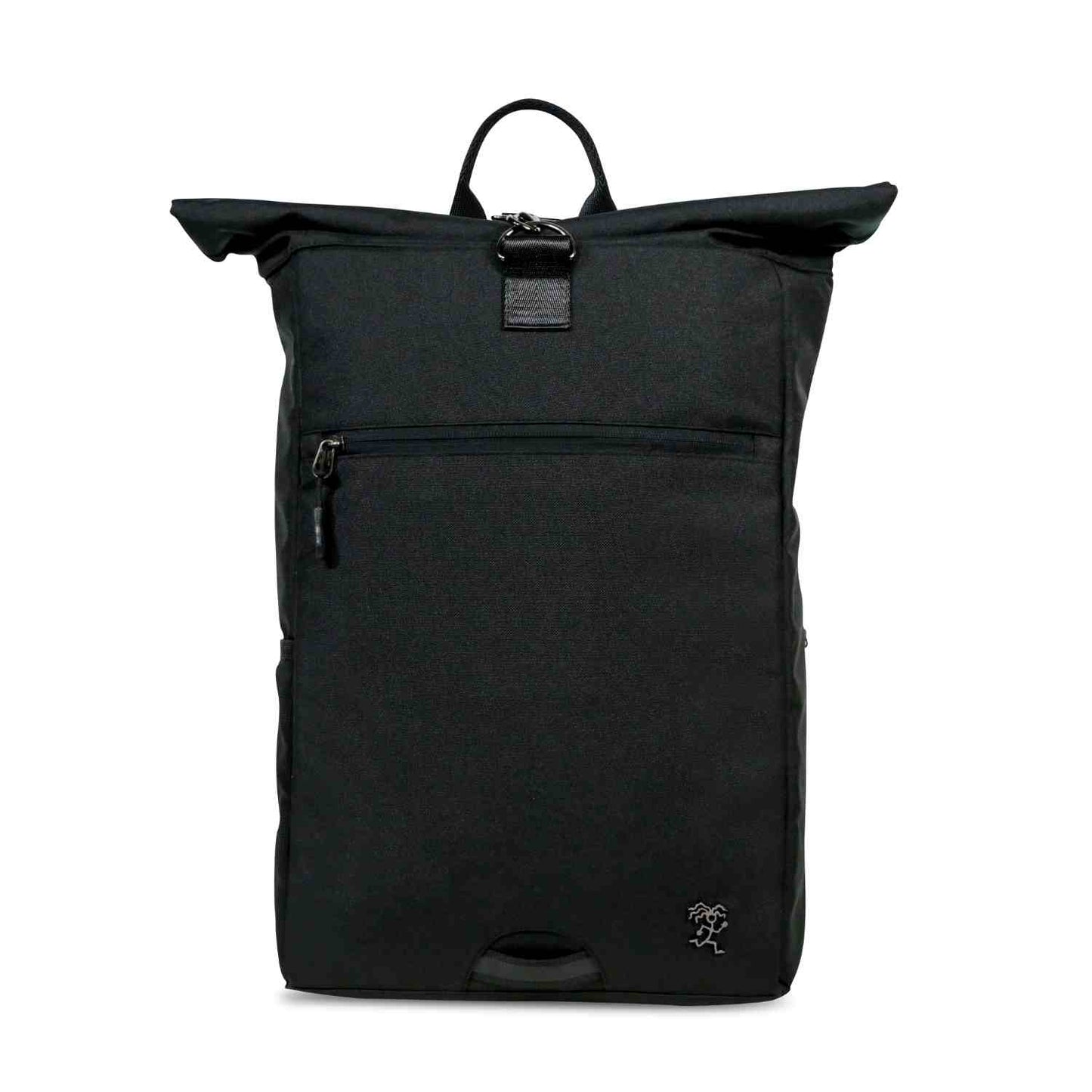 Vorderansicht des schwarzen FUCHS und REBELL PIET Rolltop Rucksacks