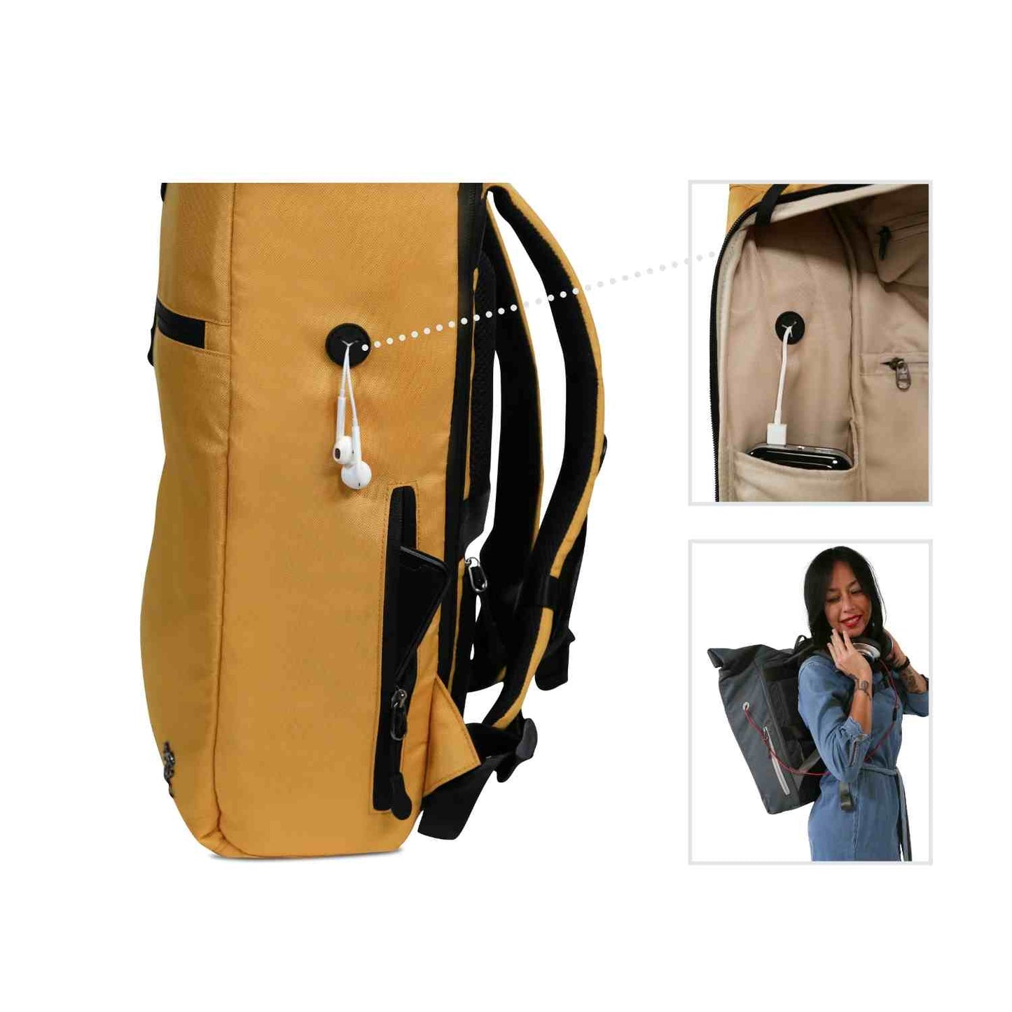 Ansicht von der rechten Seite des senfgelben FUCHS und REBELL PIET Rolltop Rucksacks mit extra Smartphonetasche und Gummioeffnung für Kopfhoerer oder Aufladekabel. Auf der Innenseite ist unter der Gummioeffnung ein extra Fach für das Handy/ die Powerbank.