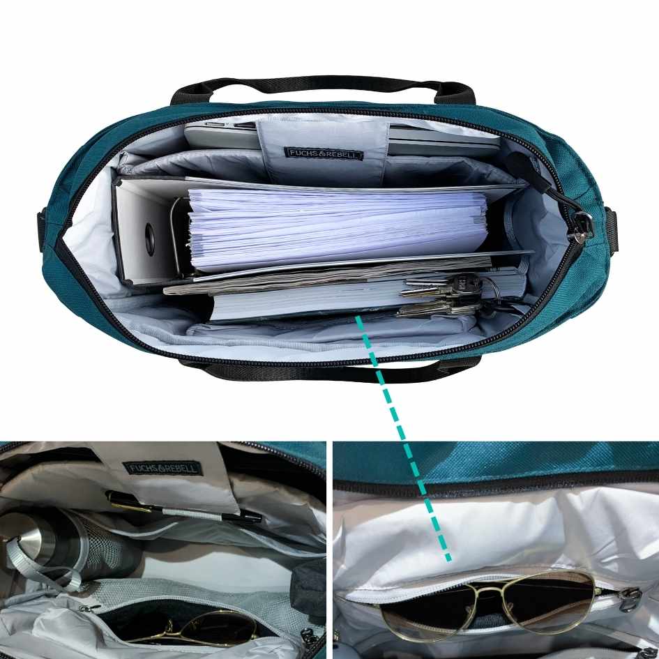 Innenansicht der FUCHS und REBELL JONA Umhaengetasche in petrolblau mit vielen praktischen Faechern.