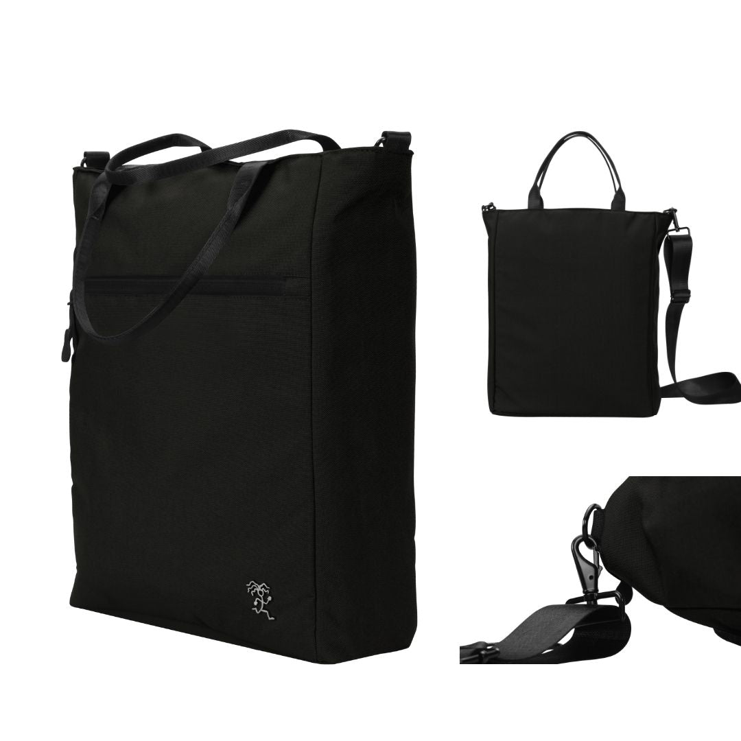 Rundumansicht der FUCHS und REBELL JONA Umhaengetasche in schwarz mit dem abnehmbaren, verstellbaren Schultergurt.