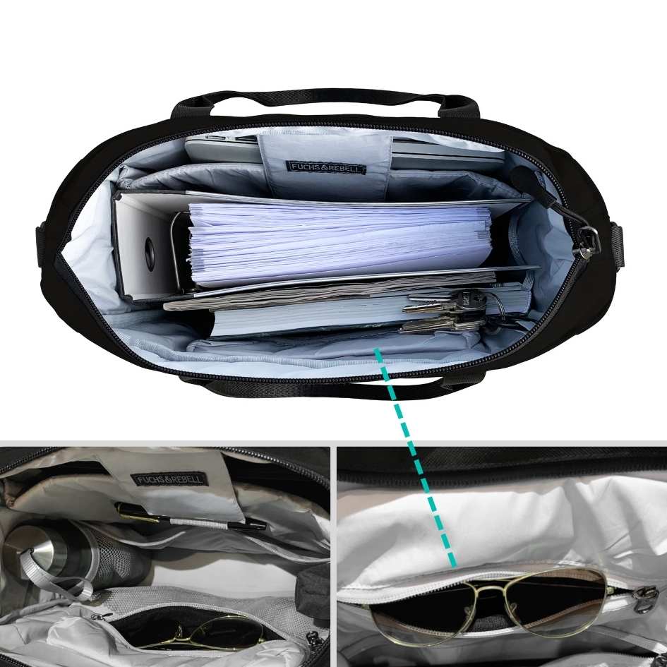 Innenansicht der FUCHS und REBELL JONA Umhaengetasche in schwarz mit vielen praktischen Faechern.