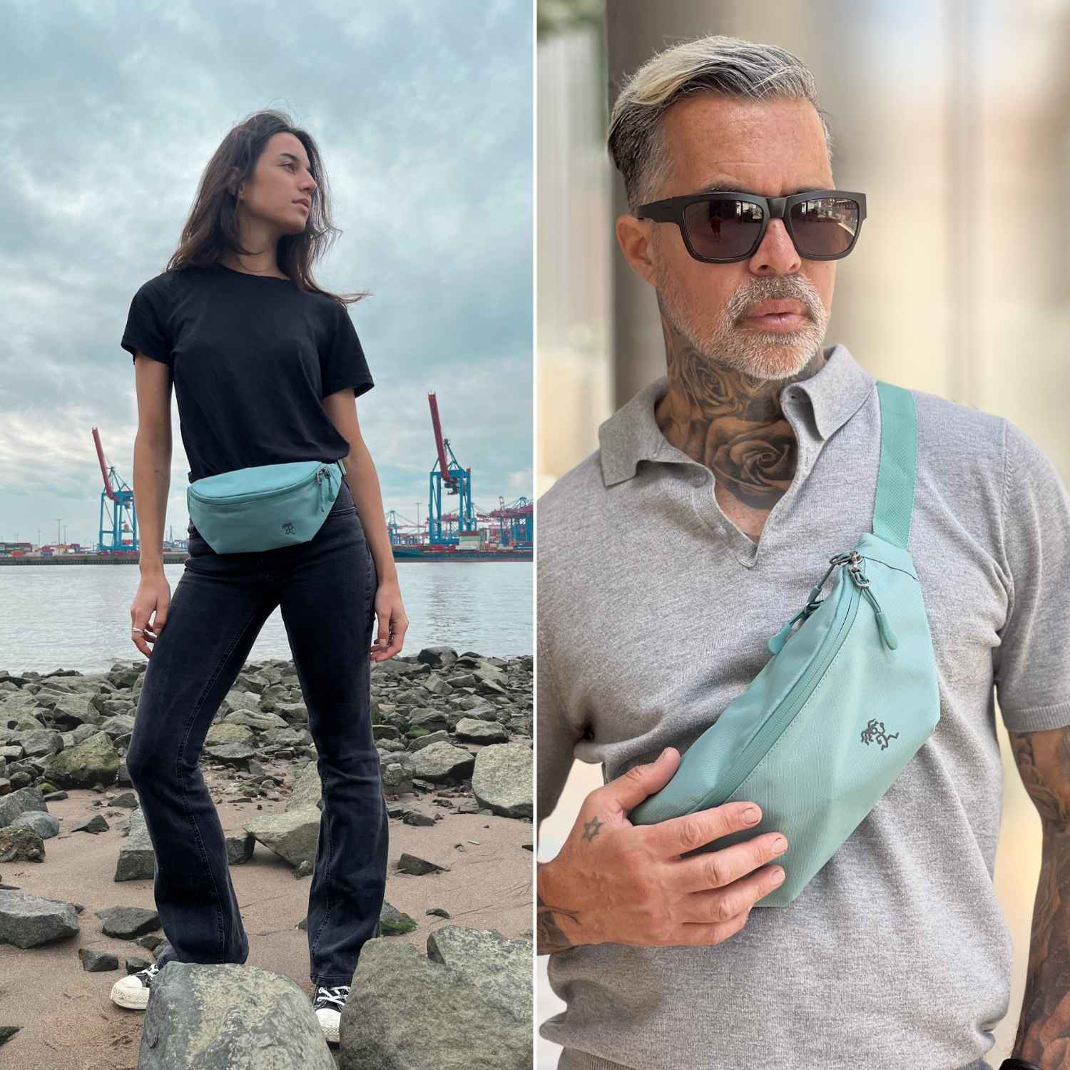 Szenenbilder von einer Frau und einem Mann, die den FUCHS und REBELL FIETE Hip Bag in mint blau tragen.