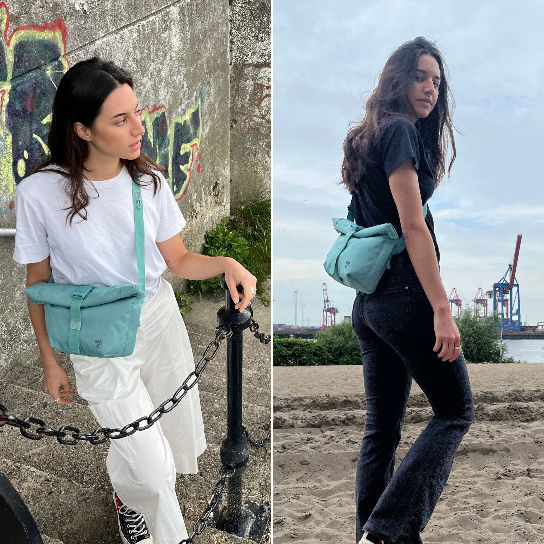 2 Szenenbilder von einer Frau, die die FUCHS und REBELL Crossbody Tasche LUCA in mint blau traegt.