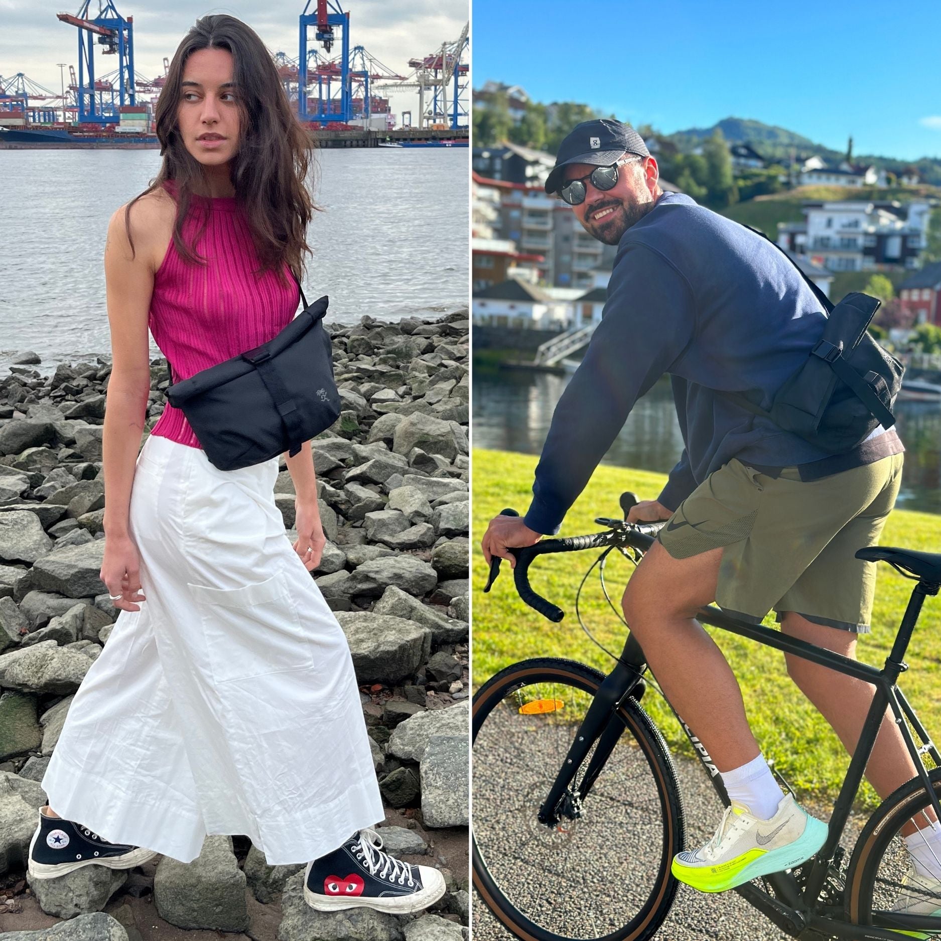 2 Szenenbilder von einem Mann und einer Frau, die die FUCHS und REBELL Crossbody Tasche LUCA in schwarz tragen.