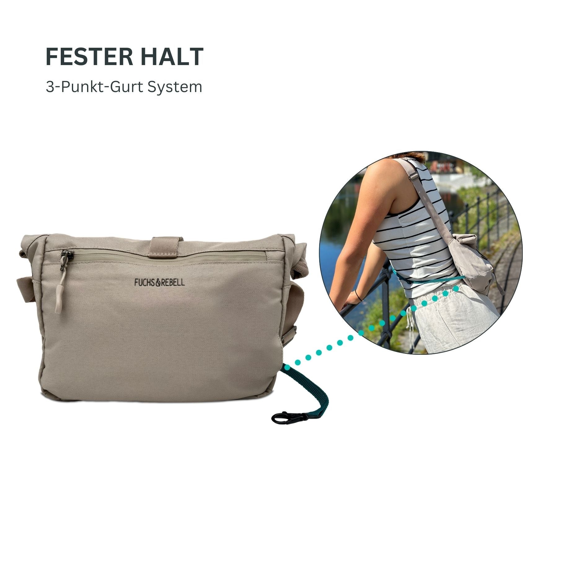 Weibliches Model zeigt den 3 Punkt Gurt bei der FUCHS und REBELL Crossbody Tasche LUCA in beige für einen festen Halt.