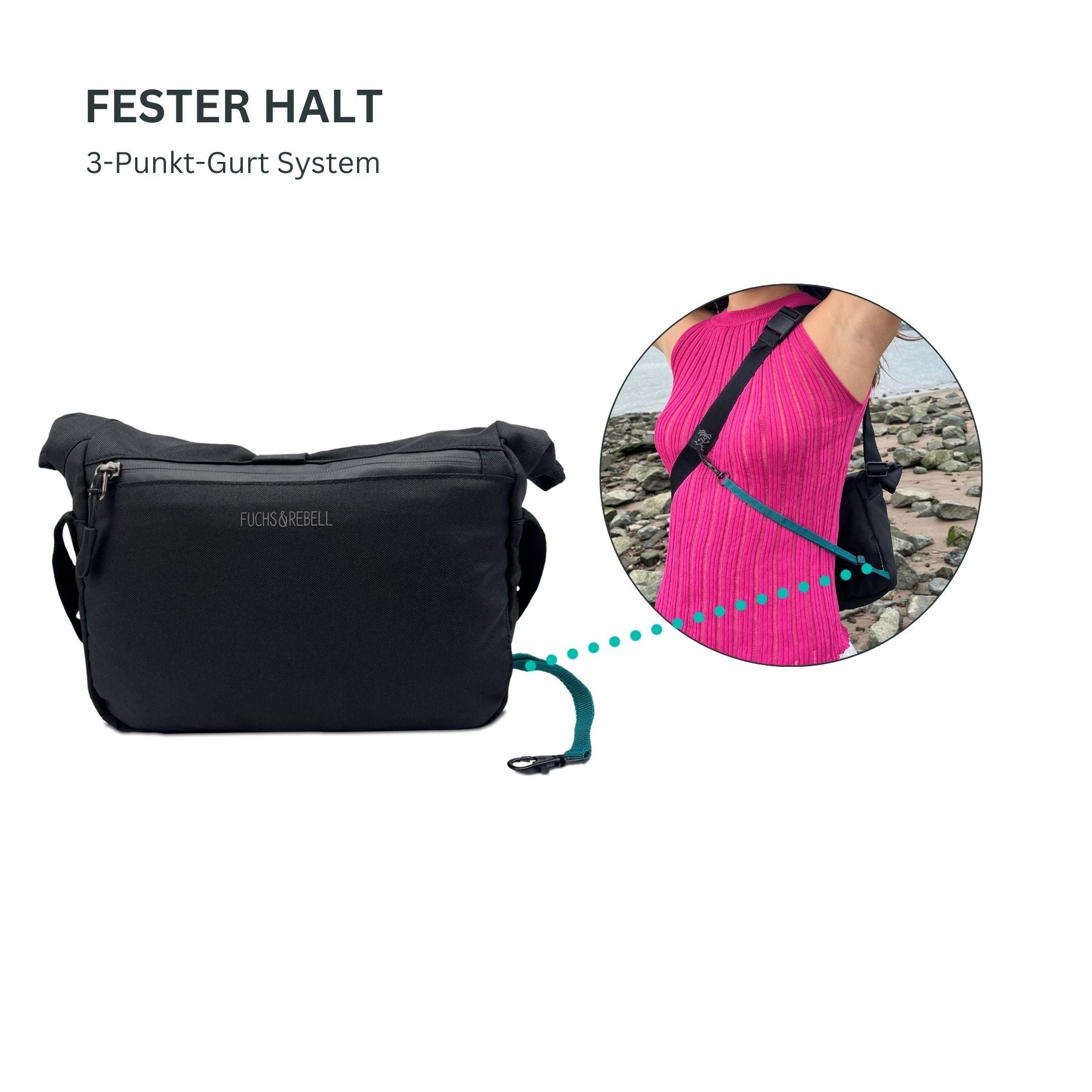 Weibliches Model zeigt den 3 Punkt Gurt bei der FUCHS und REBELL Crossbody Tasche LUCA in schwarz für einen festen Halt.