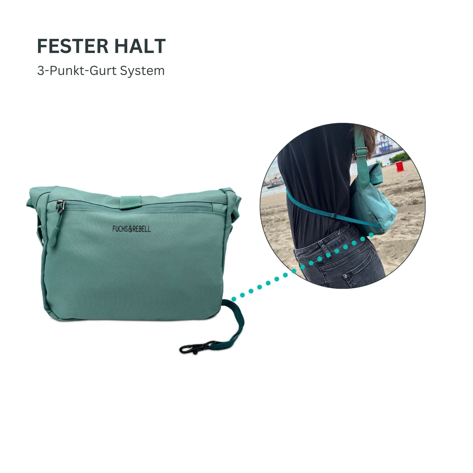 Weibliches Model zeigt den 3 Punkt Gurt bei der FUCHS und REBELL Crossbody Tasche LUCA in mint blau für einen festen Halt.
