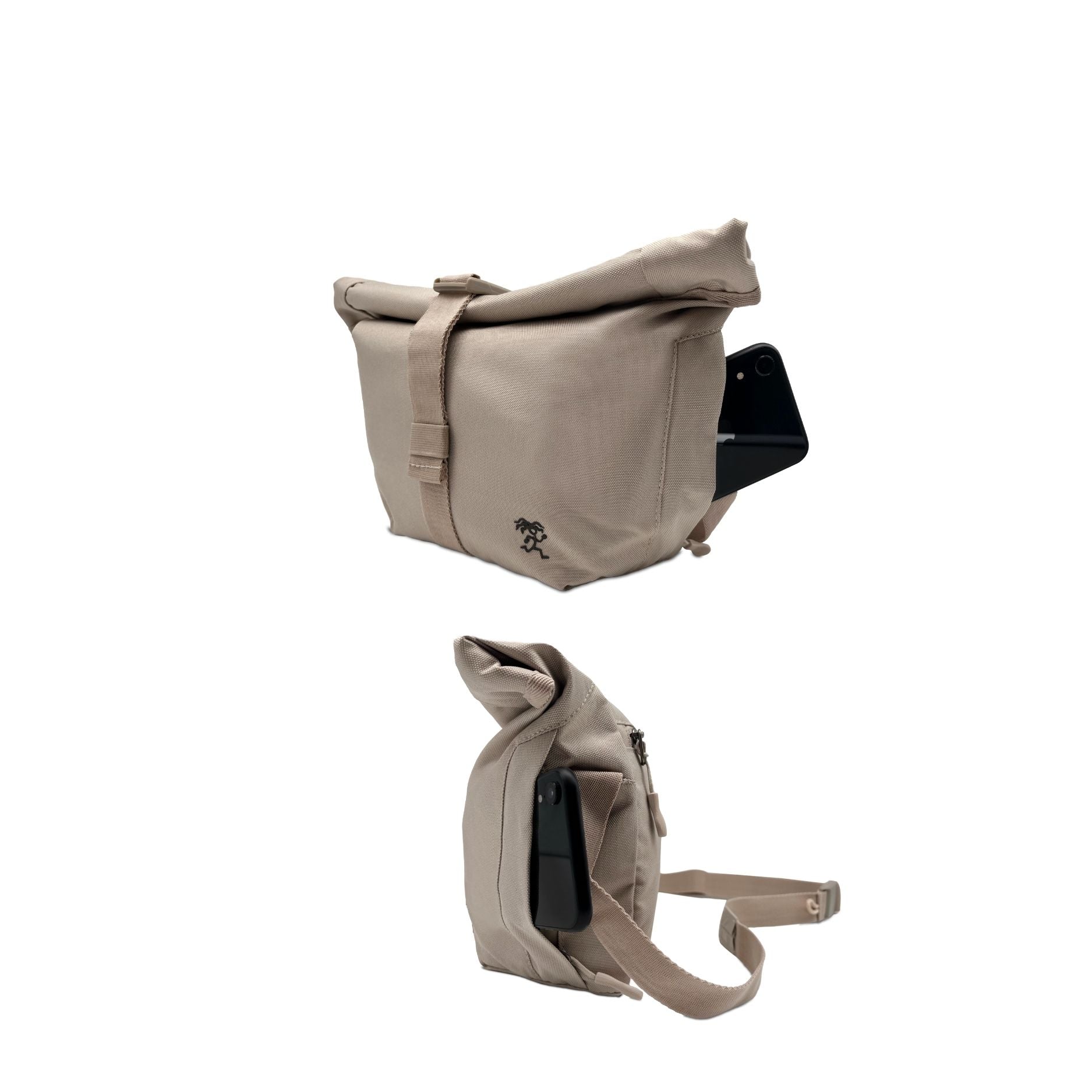 Seitenansicht der FUCHS und REBELL Crossbody Tasche LUCA in beige mit seitlicher Handytasche.