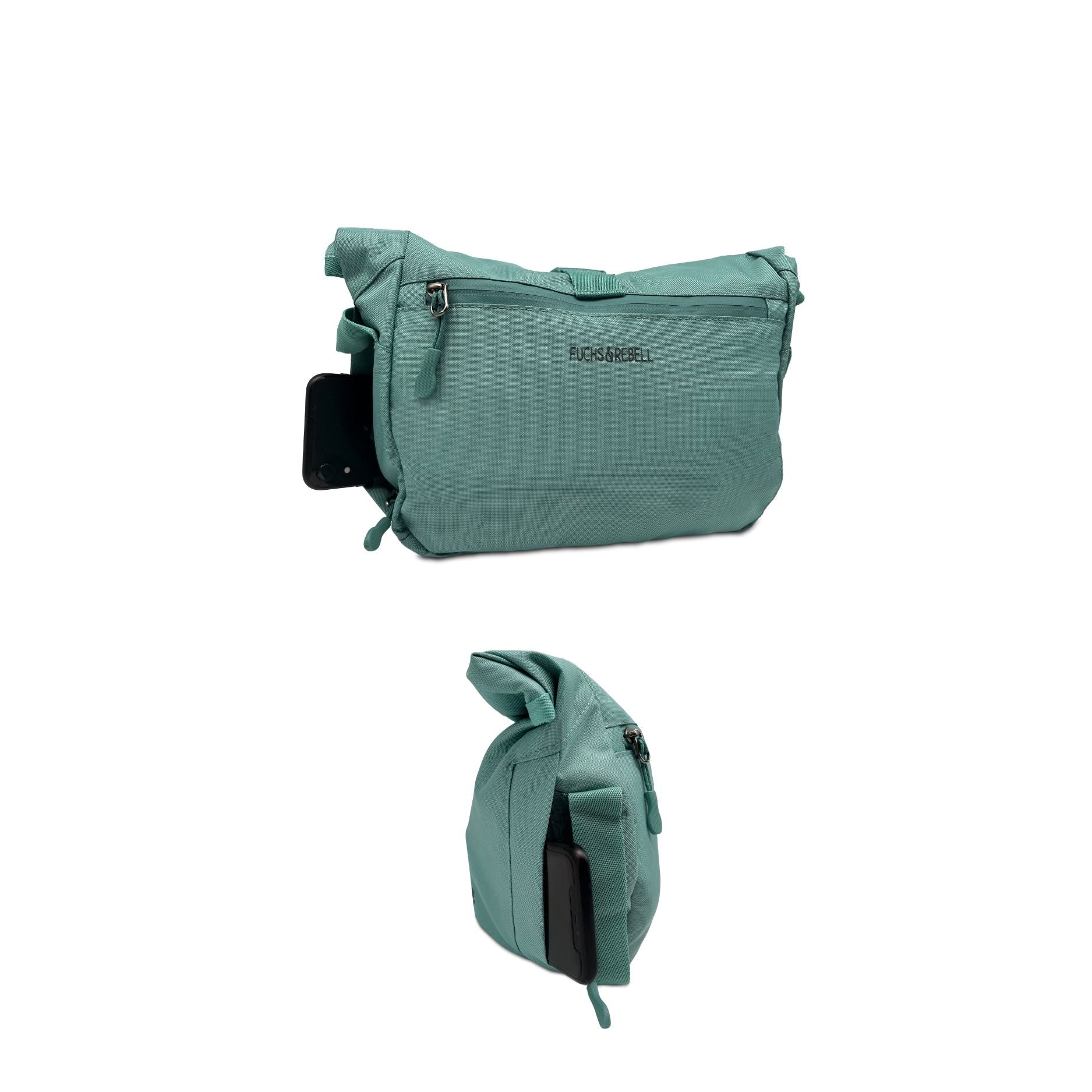 Seitenansicht der FUCHS und REBELL Crossbody Tasche LUCA in mint blau mit seitlicher Handytasche.