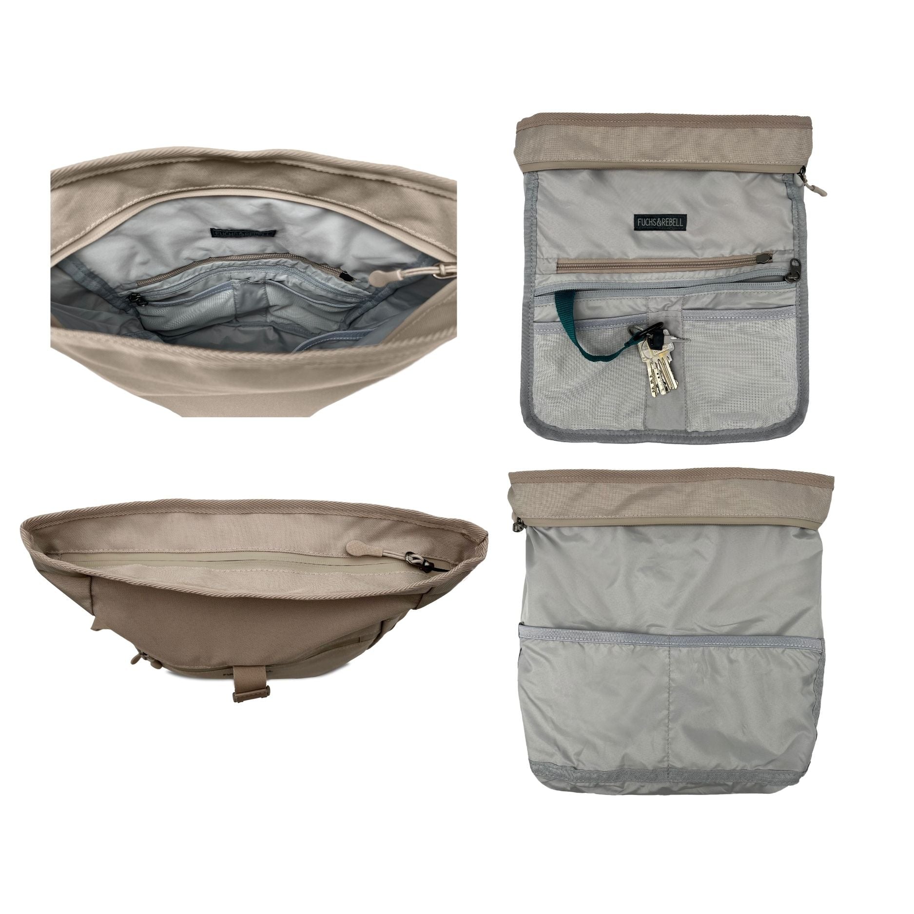 Innenansicht der FUCHS und REBELL Crossbody Tasche LUCA in beige mit Faechern.