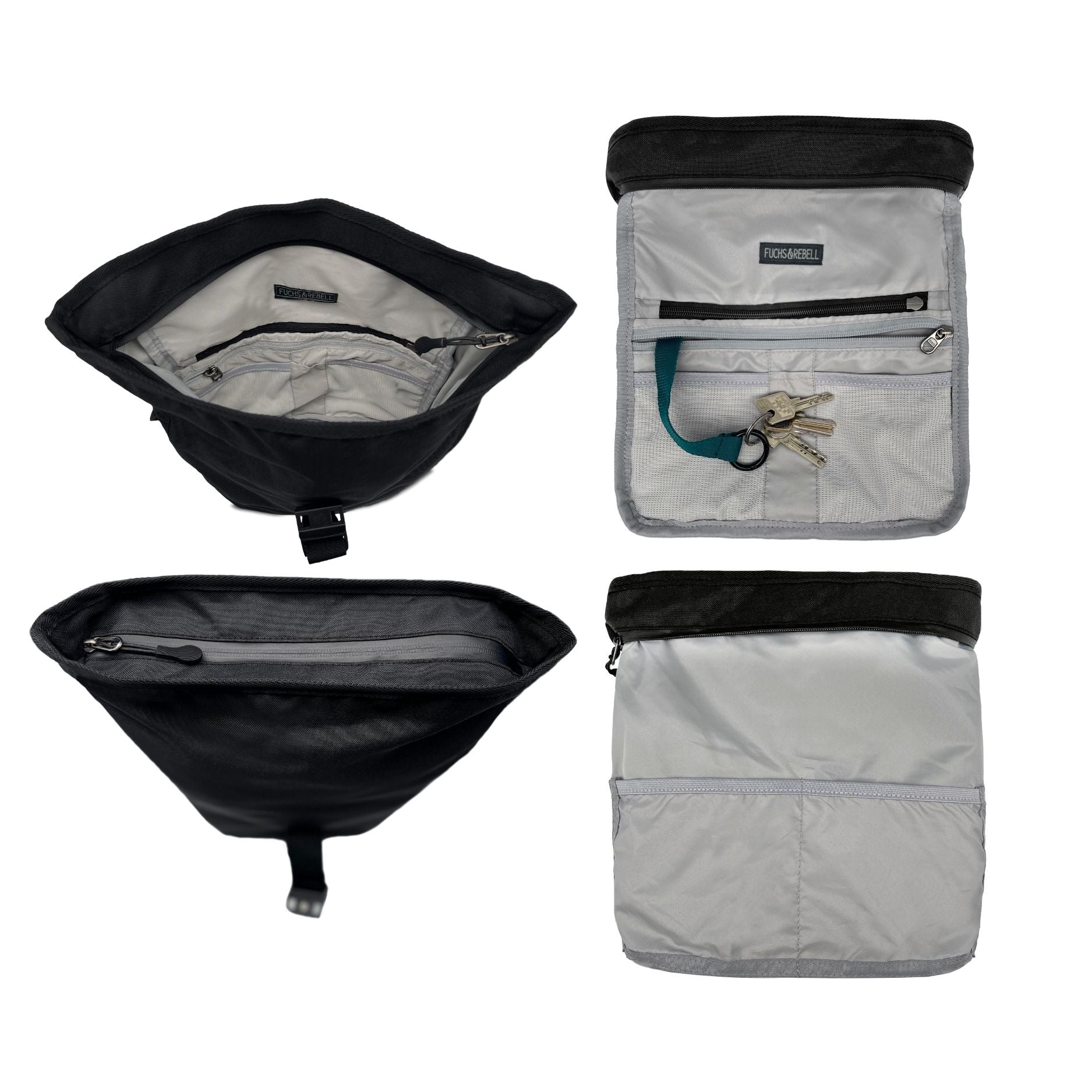 Innenansicht der FUCHS und REBELL Crossbody Tasche LUCA in schwarz mit Faechern.