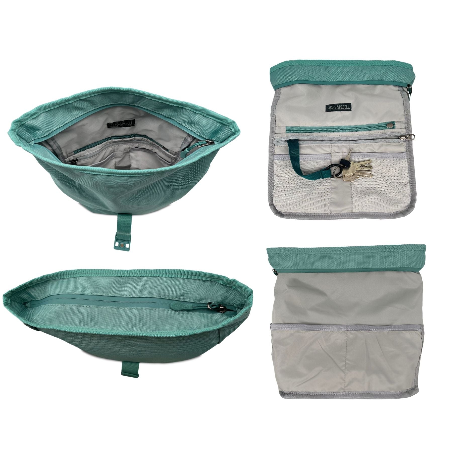 Innenansicht der FUCHS und REBELL Crossbody Tasche LUCA in mint blau mit Faechern.
