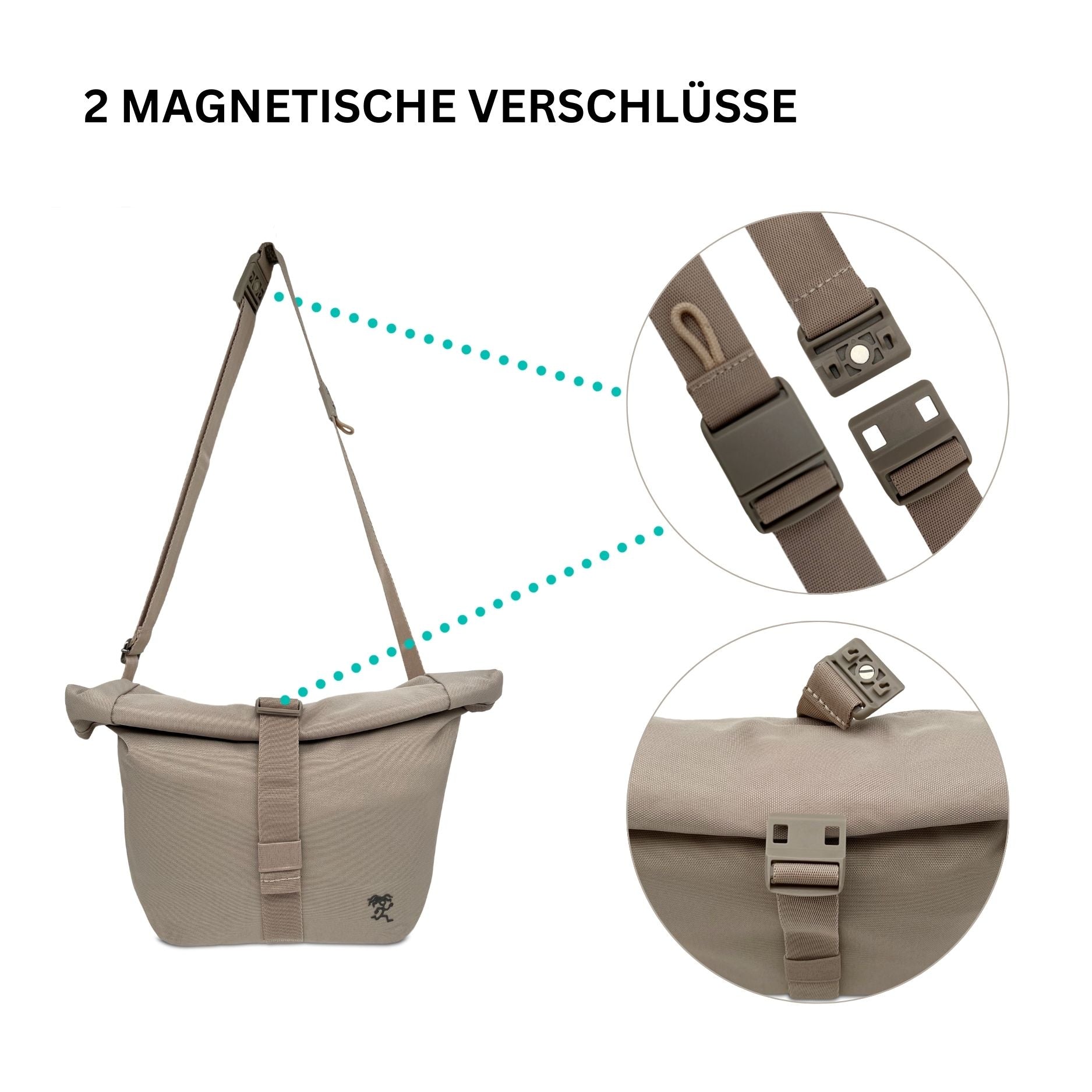 Frontansicht der zwei magnetischen Verschluesse von der FUCHS und REBELL Crossbody Tasche LUCA in beige.