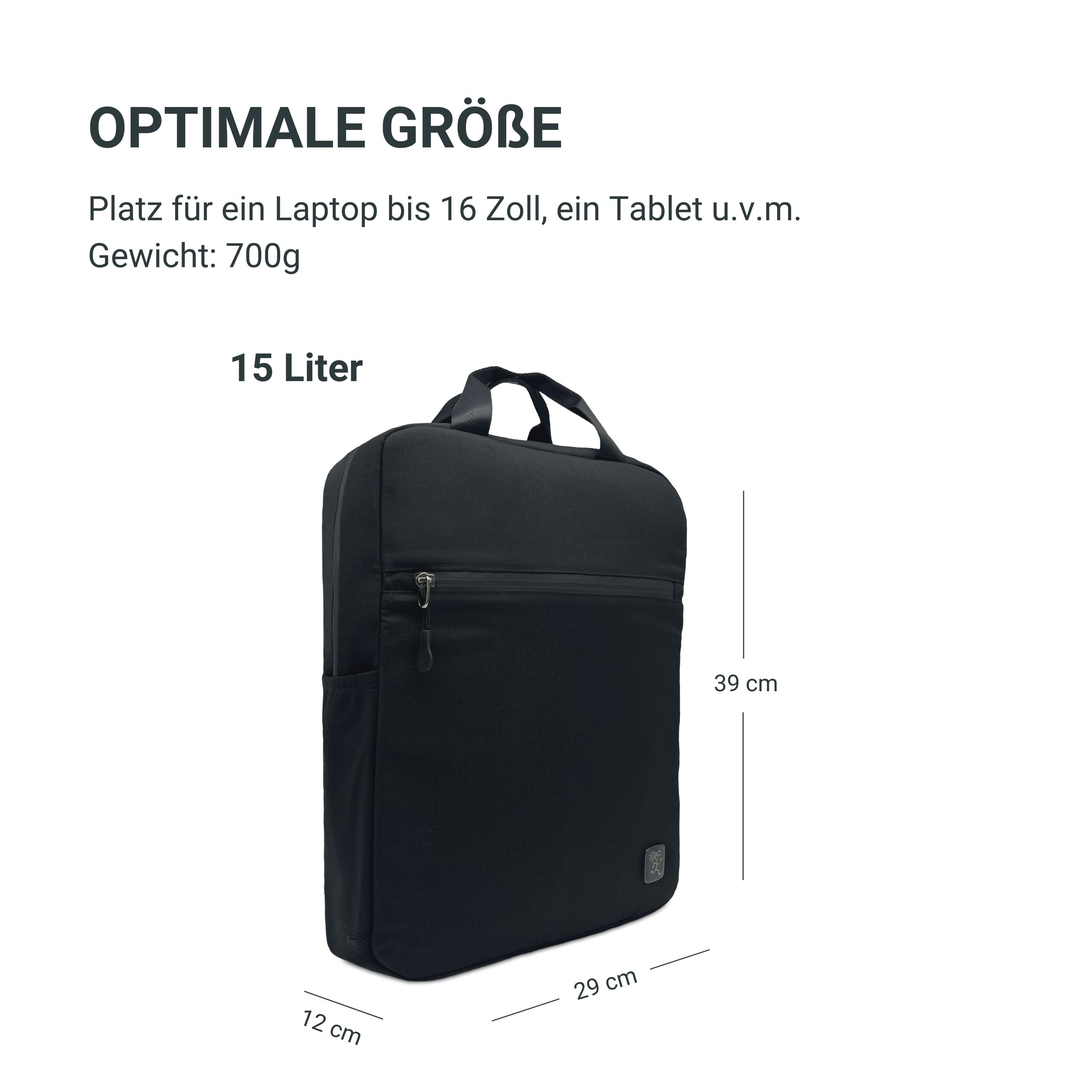 Darstellung der Groesse des FUCHS und REBELL PEPE Daypacks in schwarz.