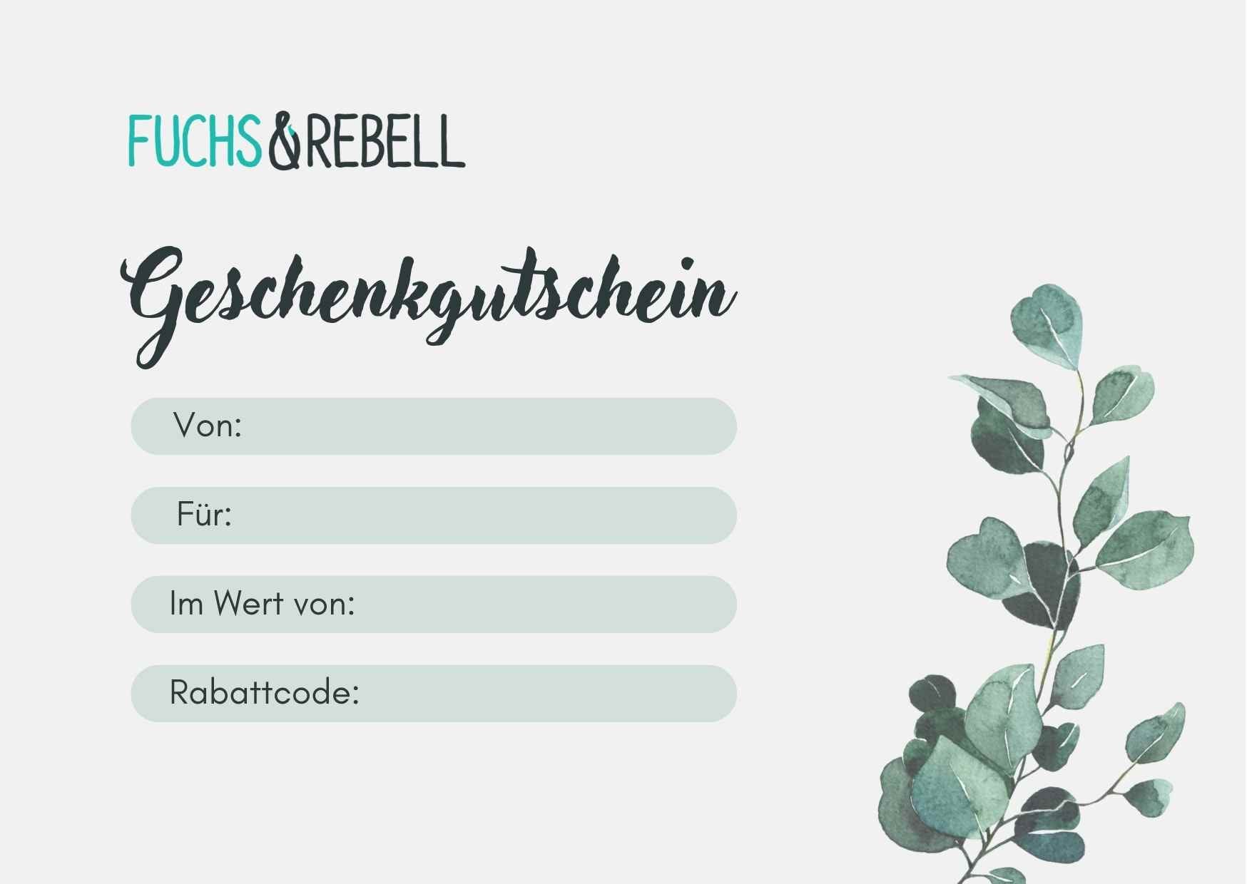 FUCHS und REBELL Geschenk Gutschein  mit Blumenmuster mit Eucalyptus Muster zum Ausdrucken