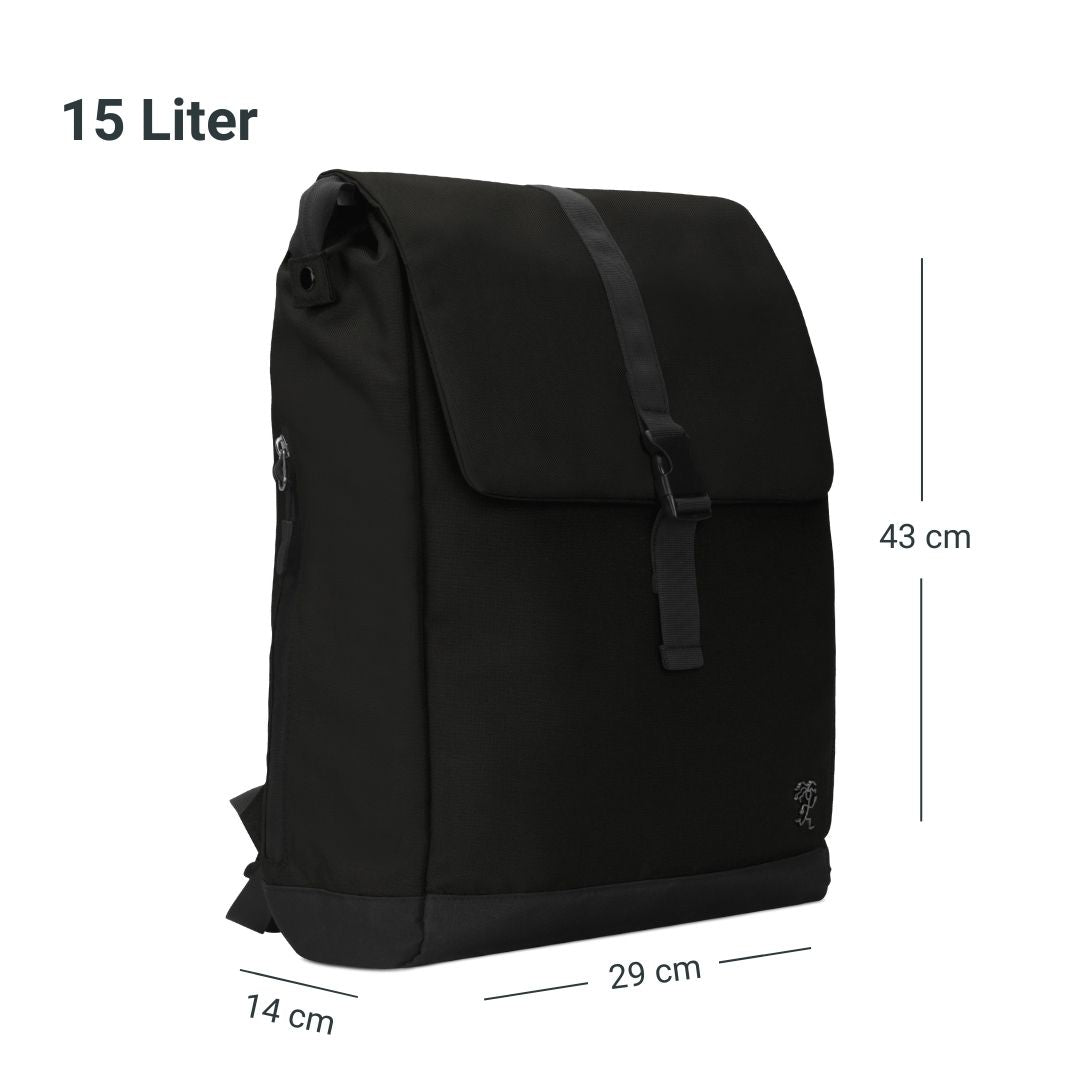 Seitenansicht des FUCHS und REBELL MATS Daypacks in schwarz mit Groessenangaben.