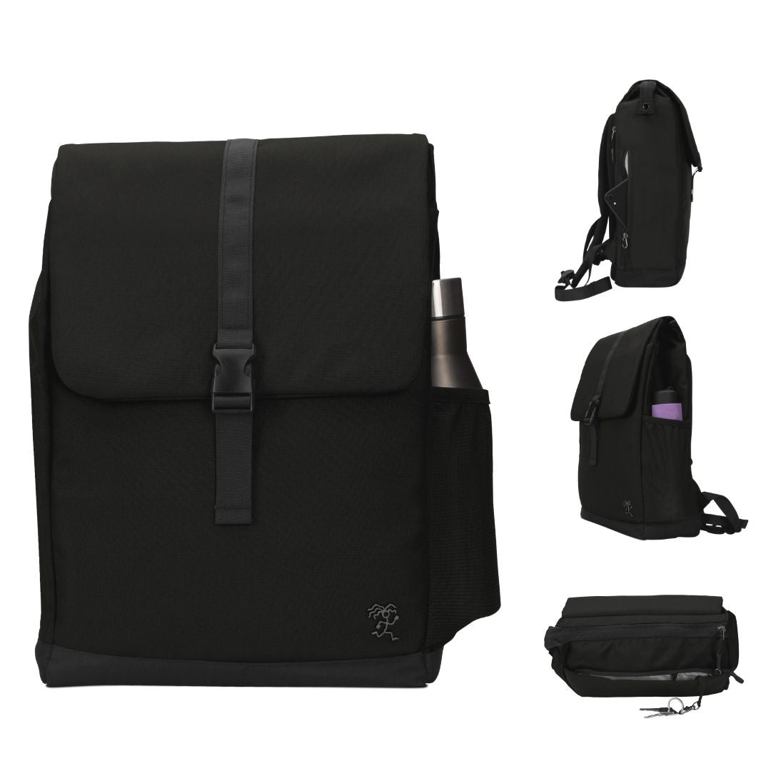 Rundumansicht des schwarzen FUCHS und REBELL MATS Daypack Rucksacks mit speziellen Features.