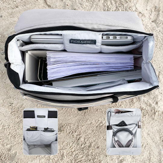 Innenansicht des FUCHS und REBELL MATS Daypacks in beige mit vielen praktischen Faechern.