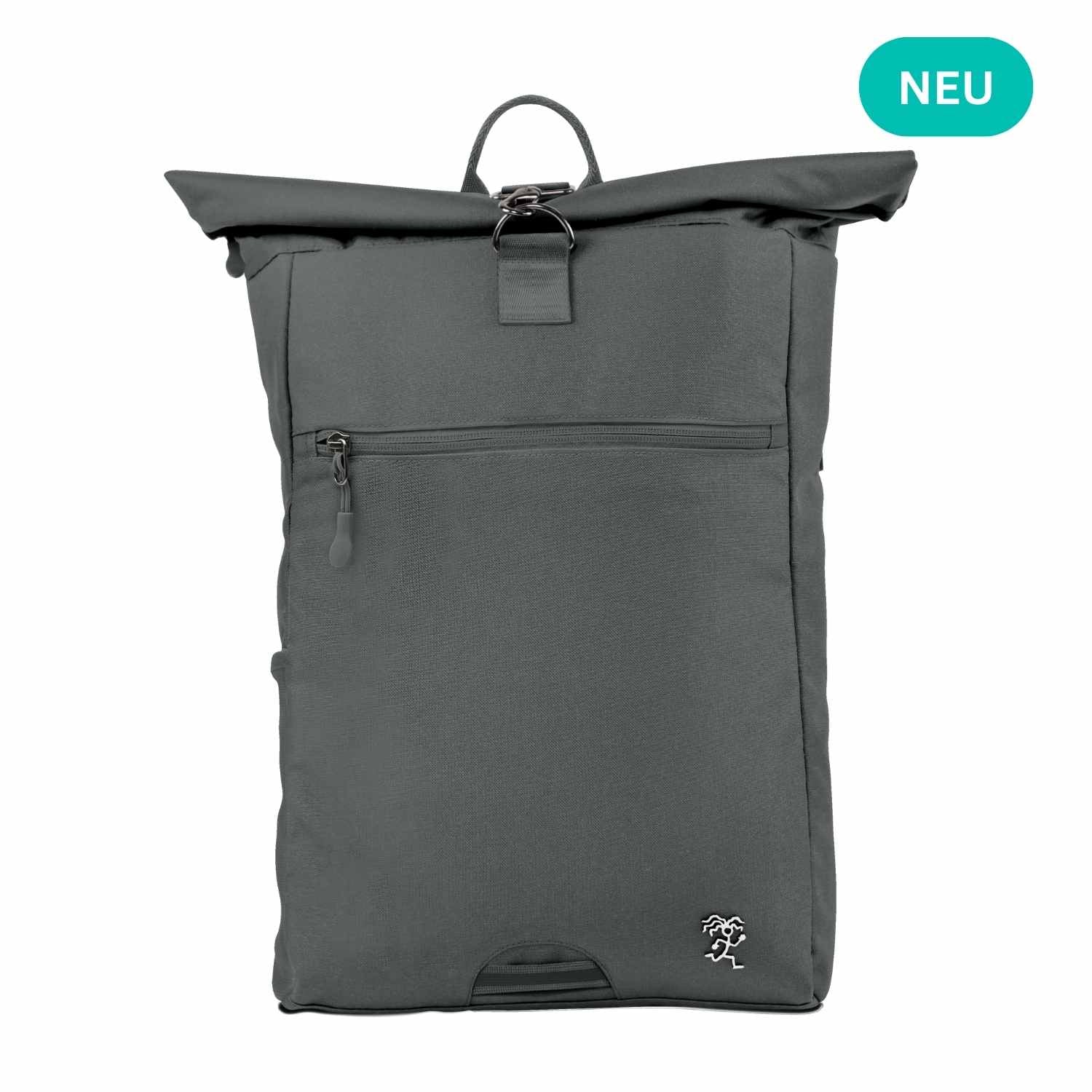 Vorderansicht des FUCHS und REBELL PIET Rolltop Rucksacks in dunkelgrau