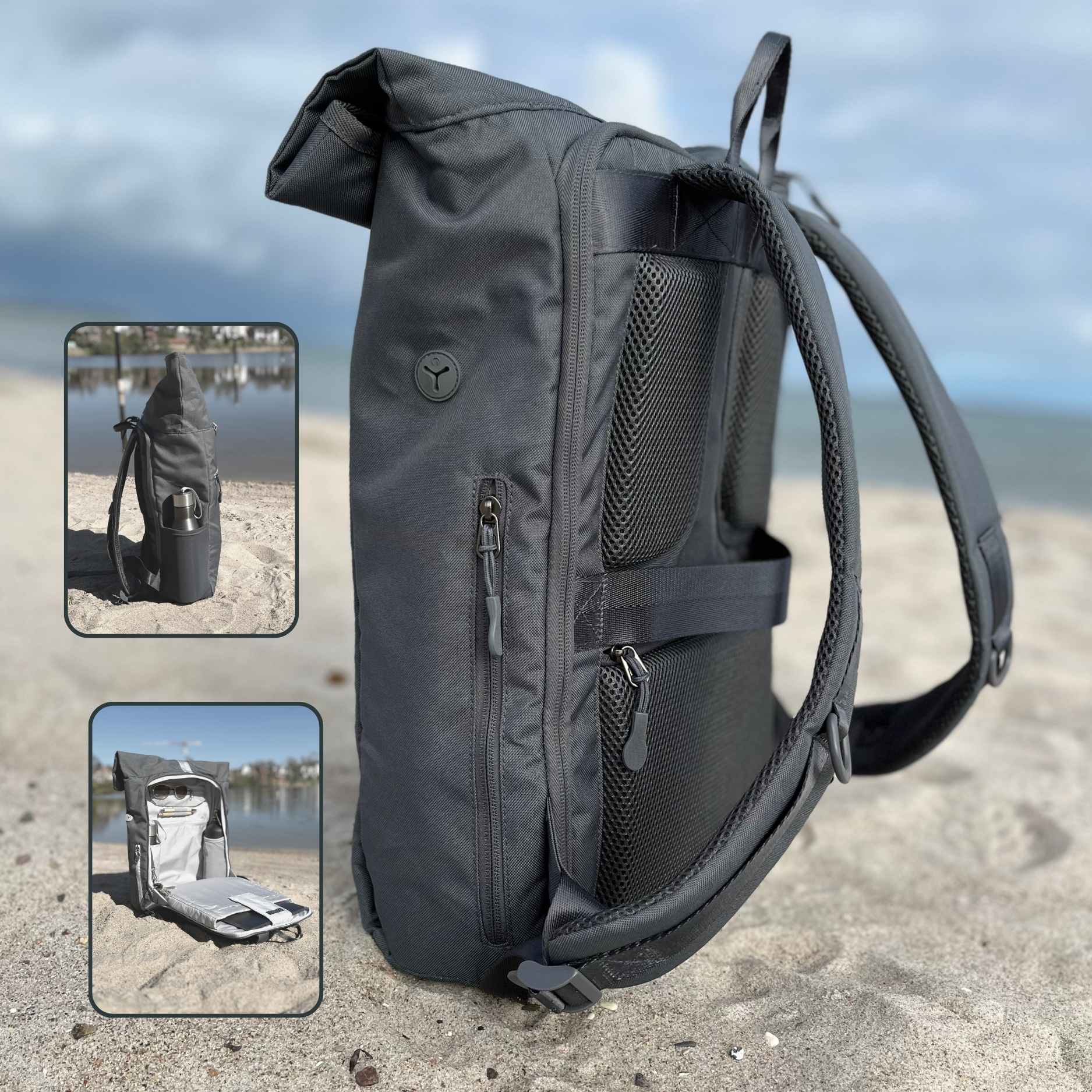 Innenansicht des FUCHS und REBELL PIET Rolltop Rucksacks in dunkelgrau mit vielen praktischen Faechern.