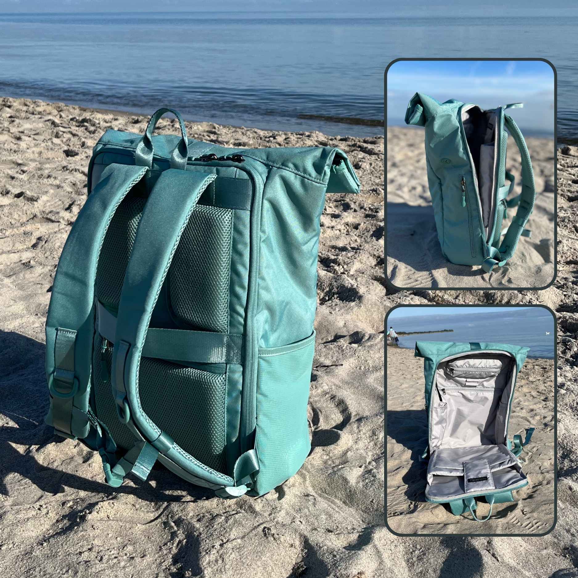 Innenansicht des FUCHS und REBELL PIET Rolltop Rucksacks in mint blau mit vielen praktischen Faechern.