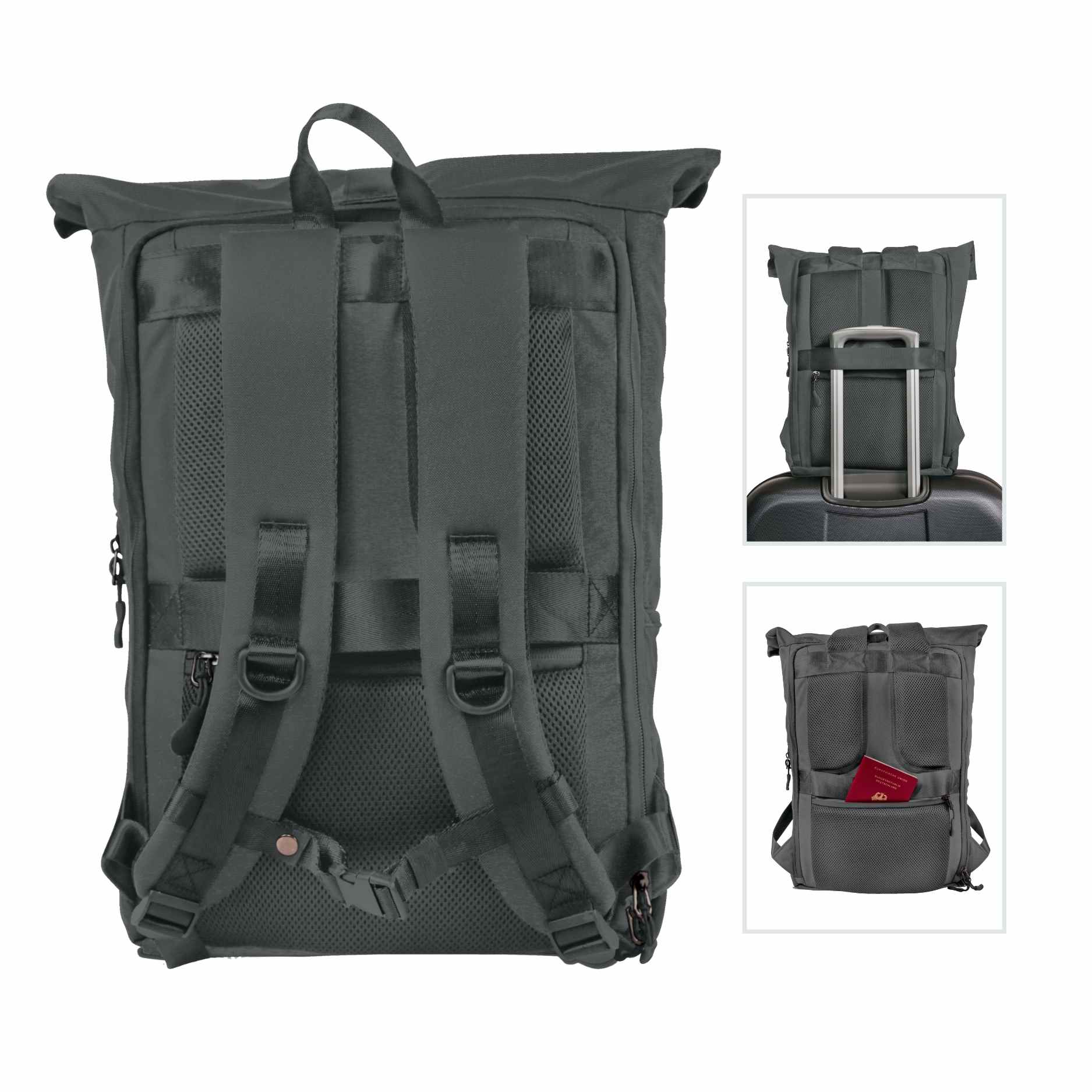 Rueckenansicht des FUCHS und REBELL PIET Rolltop Rucksacks in dunkelgrau mit gepolstertem Ruecken und Schultergurten, abnehmbarem Brustgurt, stabilem Koffergurt und Anti-Diebstahlfach.
