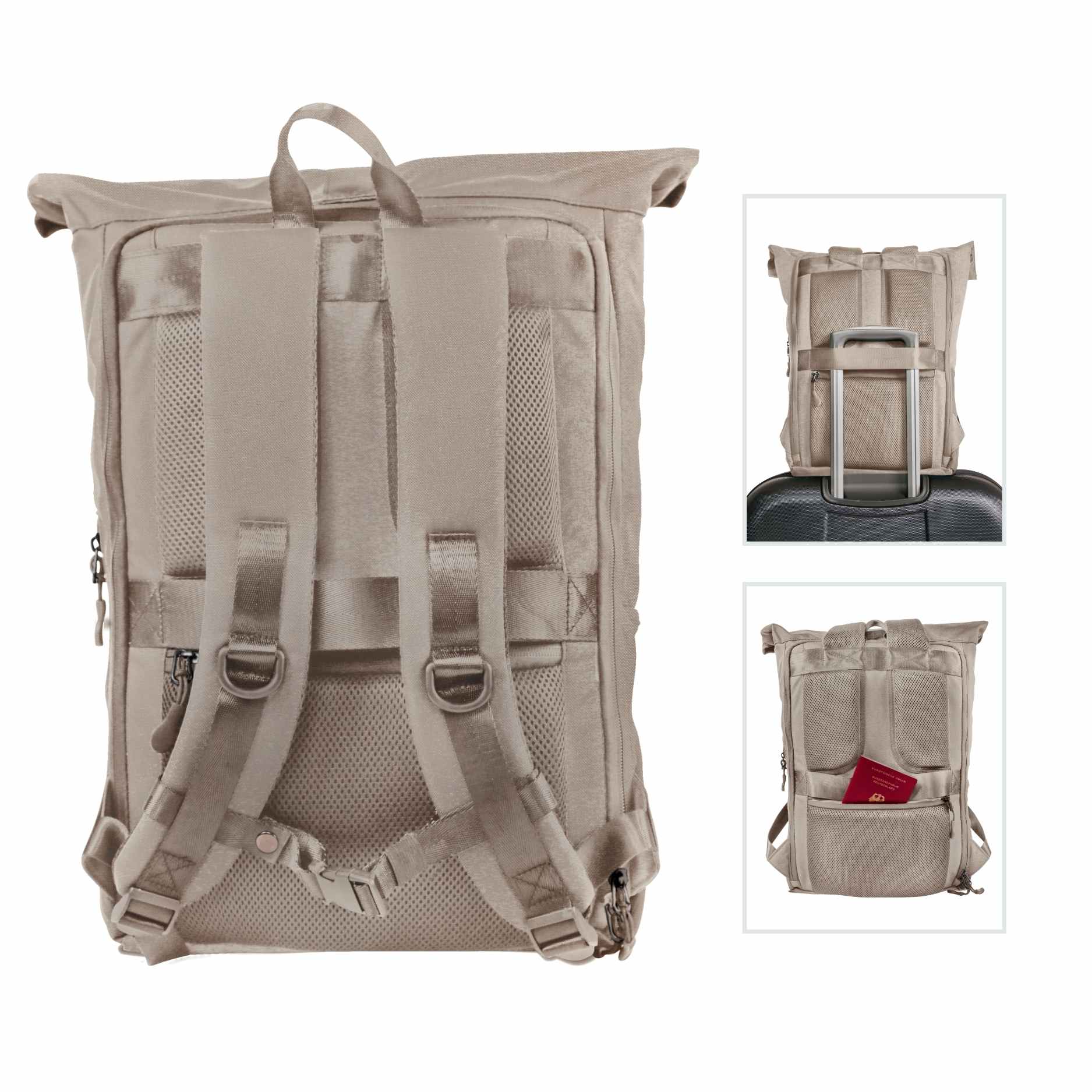 Rueckenansicht des FUCHS und REBELL PIET Rolltop Rucksacks in beige mit gepolstertem Ruecken und Schultergurten, abnehmbarem Brustgurt, stabilem Koffergurt und Anti-Diebstahlfach.