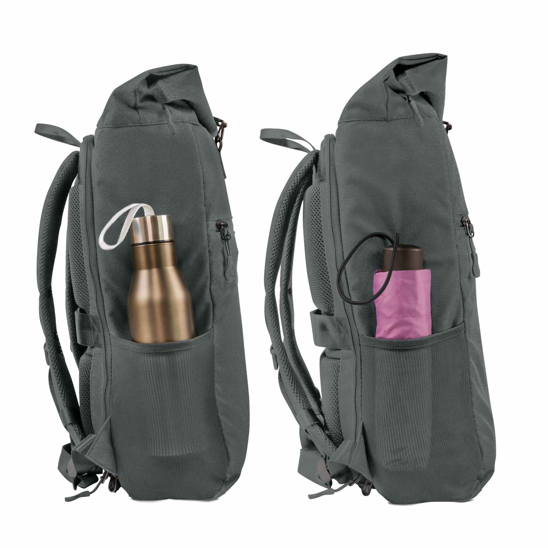 Seitenansicht von dem FUCHS und REBELL PIET Rolltop Rucksack in dunkelgrau mit extra strabiler Meshtasche für einen Regenschirm oder eine Flasche.