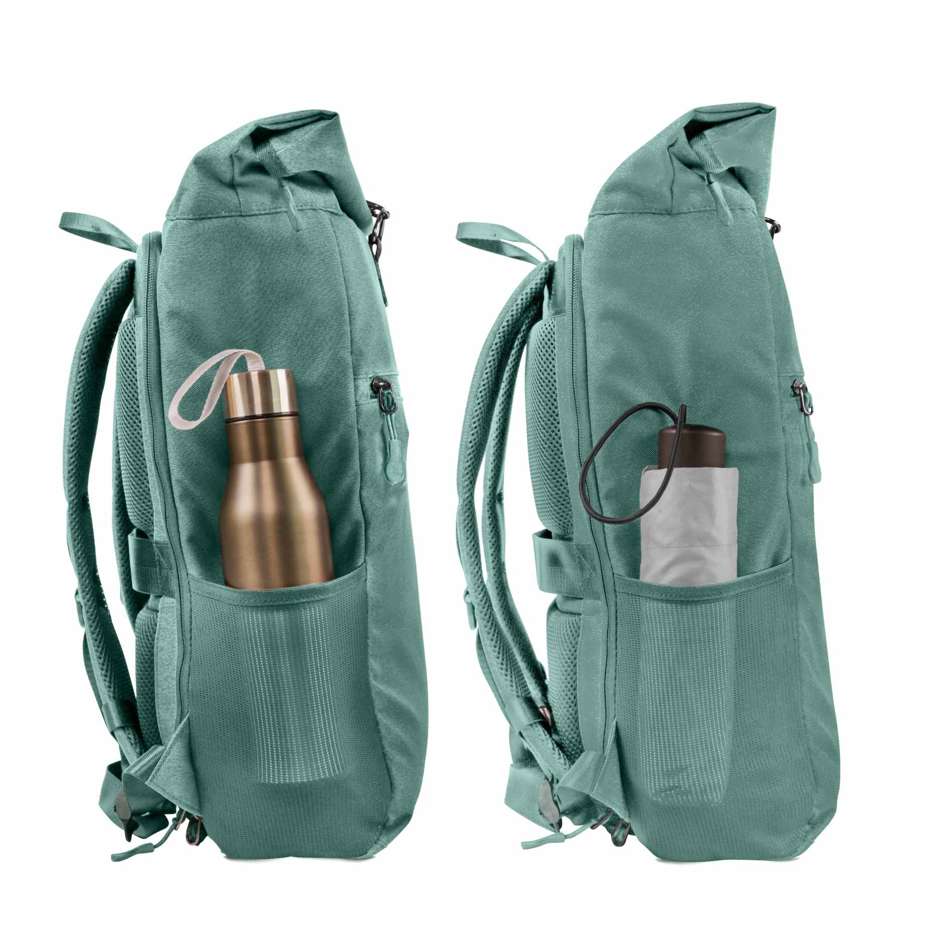 Seitenansicht von dem FUCHS und REBELL PIET Rolltop Rucksack in mint blau mit extra strabiler Meshtasche für einen Regenschirm oder eine Flasche.