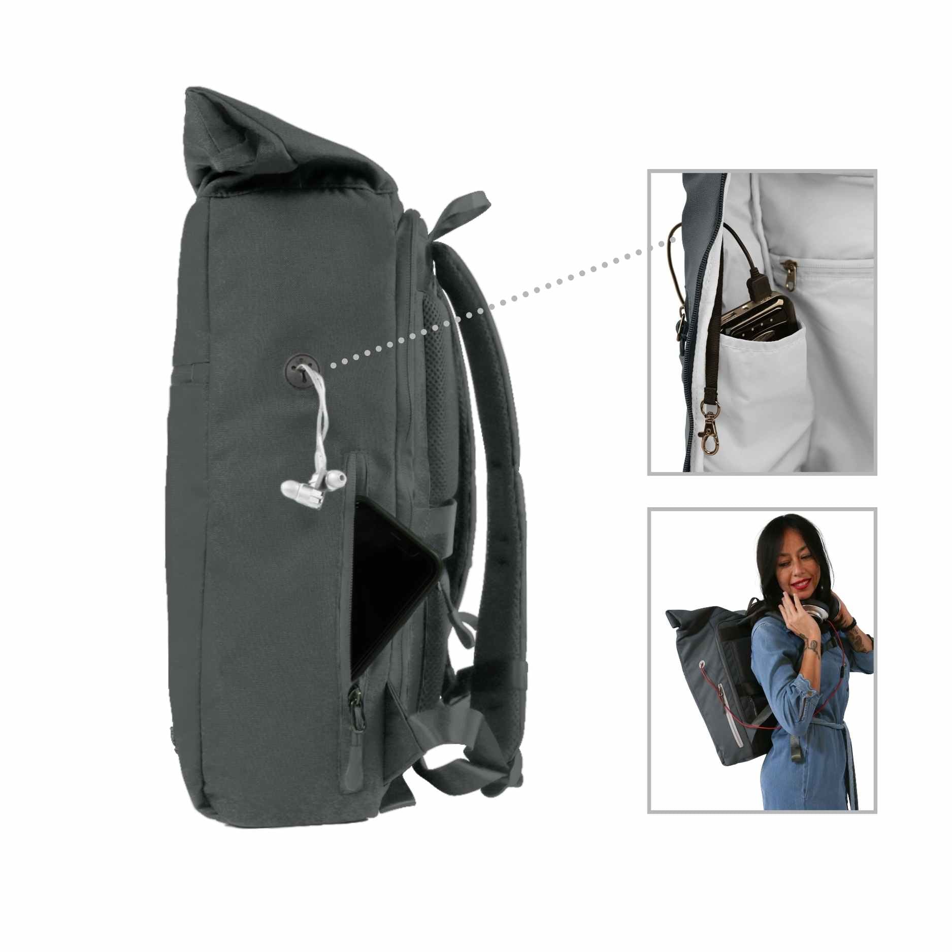 Ansicht von der rechten Seite des FUCHS und REBELL PIET Rolltop Rucksacks in dunkelgrau mit extra Smartphonetasche und Gummioeffnung für Kopfhoerer oder Aufladekabel. Auf der Innenseite ist unter der Gummioeffnung ein extra Fach für das Handy/ die Powerbank.