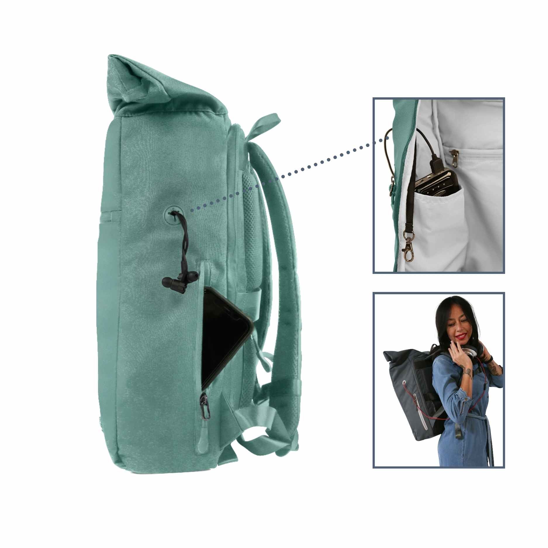 Ansicht von der rechten Seite des FUCHS und REBELL PIET Rolltop Rucksacks in mint blau mit extra Smartphonetasche und Gummioeffnung für Kopfhoerer oder Aufladekabel. Auf der Innenseite ist unter der Gummioeffnung ein extra Fach für das Handy/ die Powerbank.