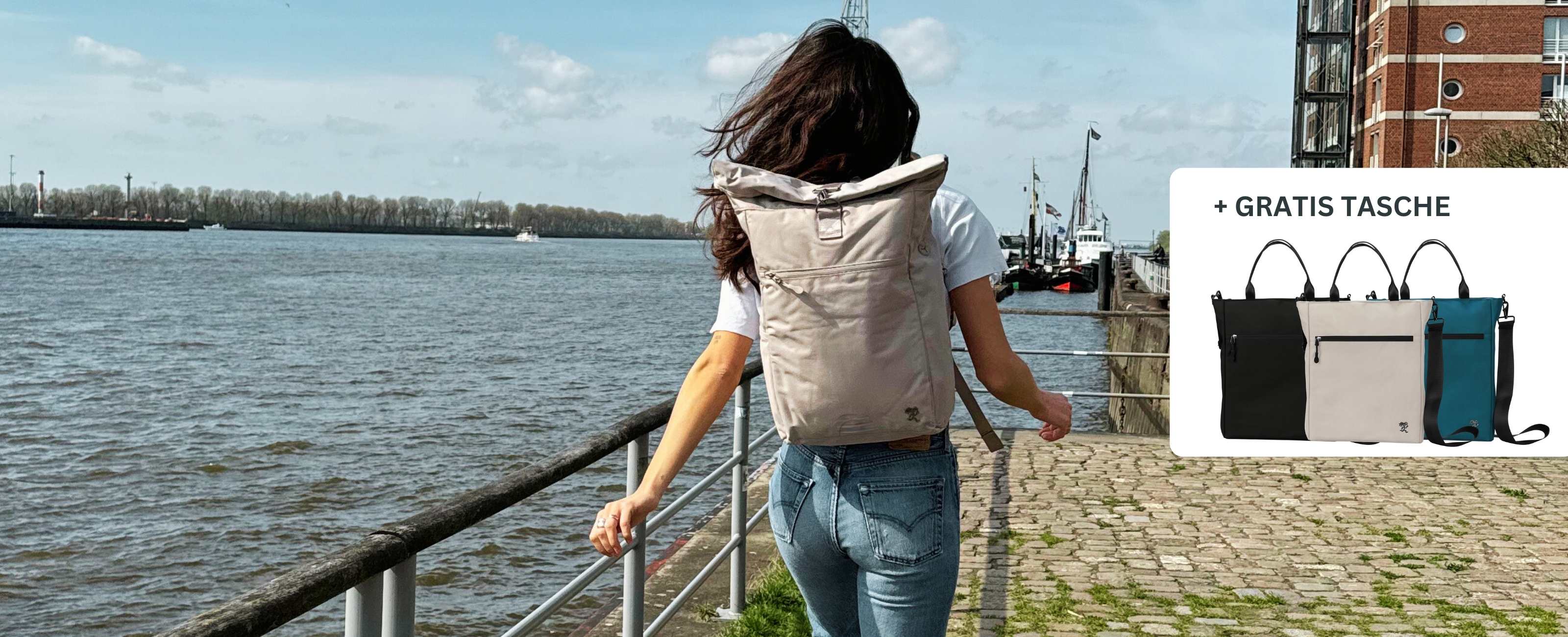 Frau traegt den FUCHS und REBELL PIET Rucksack in beige