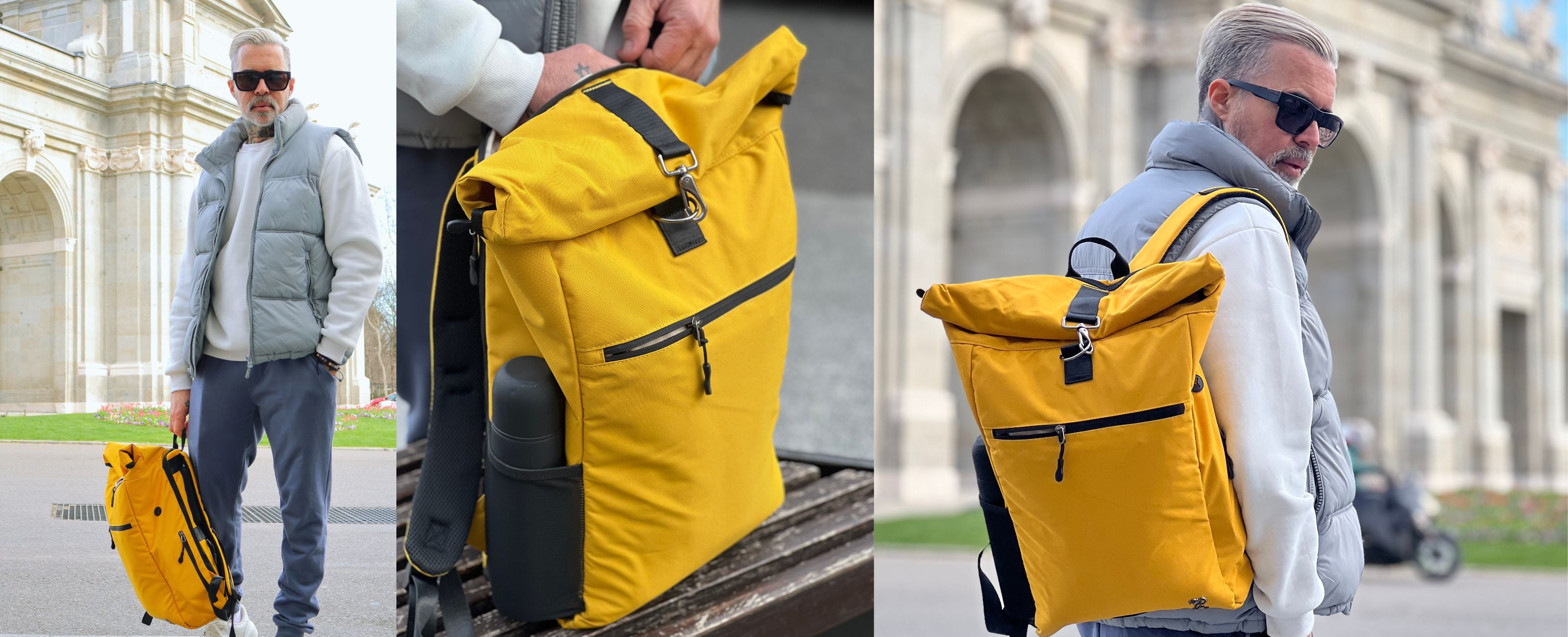 Mann traegt den FUCHS UND REBELL PIET ROLLTOP RUCKSACK IN SENFGELB 