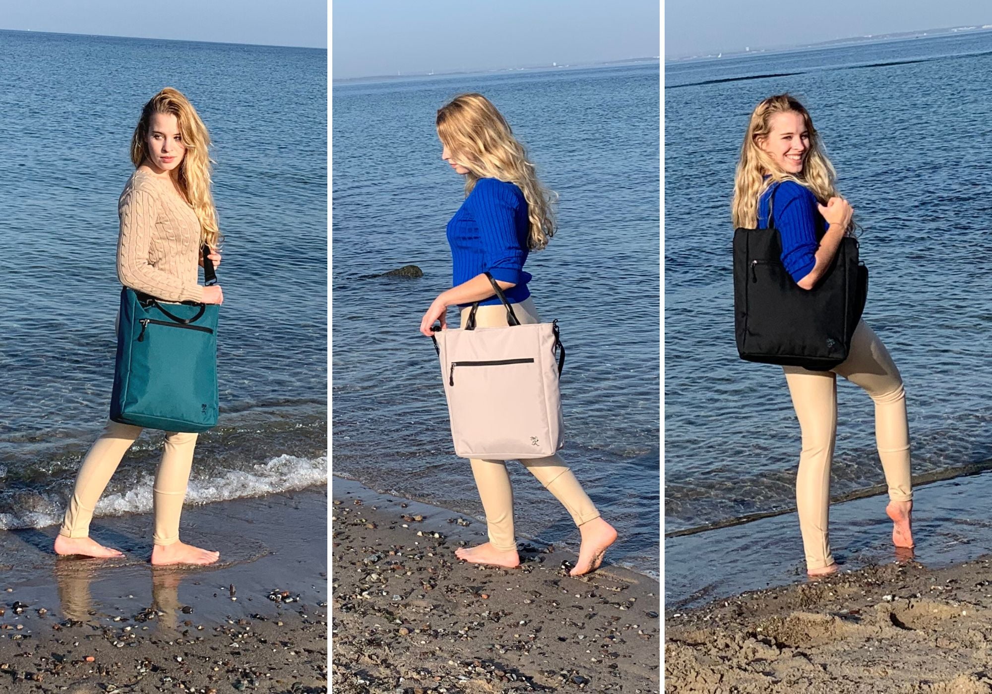 Eine junge Frau zeigt am Strand die drei Tragemoeglichkeiten von der FUCHS und REBELl Umhaengetasche JONA in schwarz, petrolblau und beige: Crossbody, Handtasche, Schultertasche. 