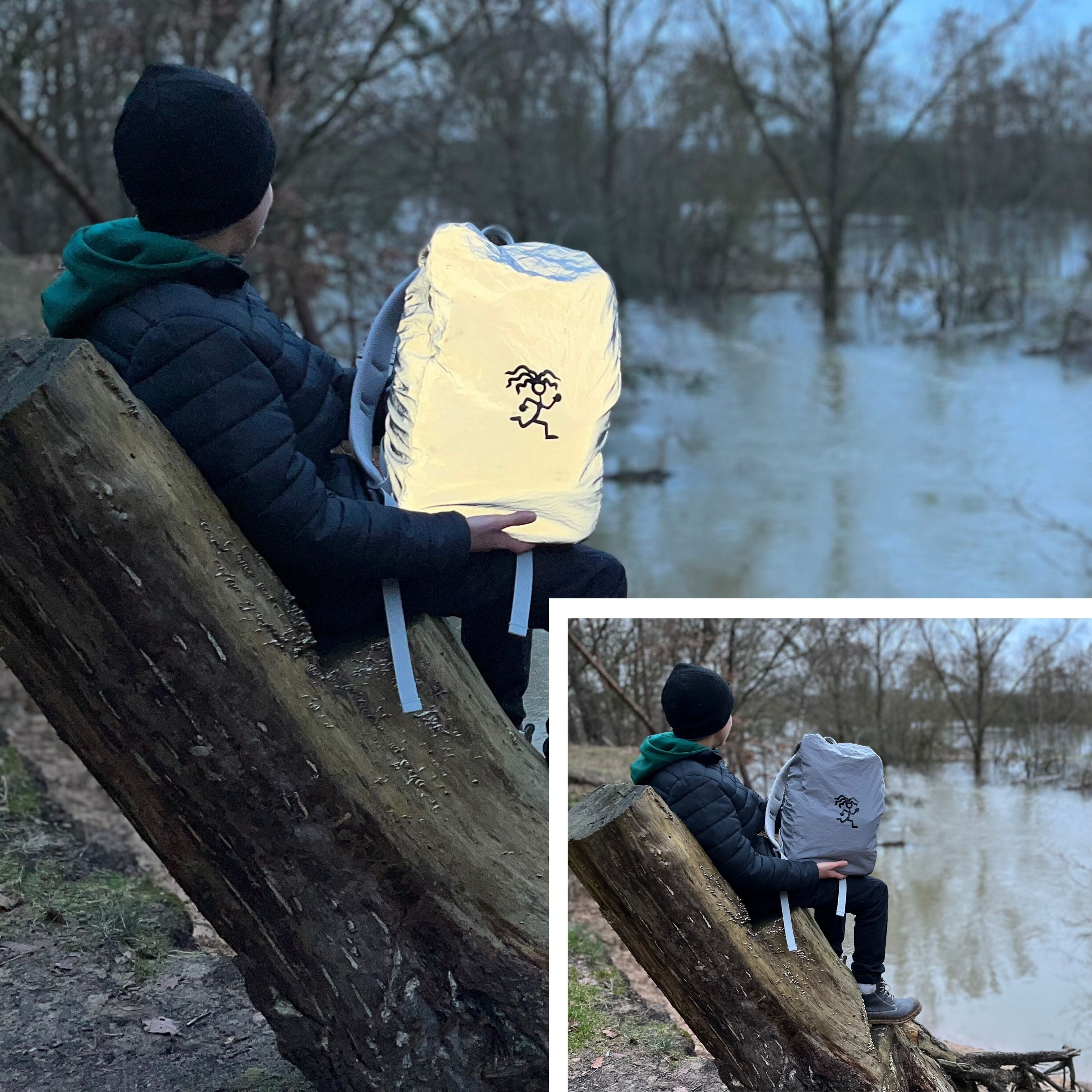 Junge sitzt auf einem Baumstamm am Wasser und haelt einen FUCHs und REBELL Rucksack mit dem reflektierendem Regenschutz auf seinem Schoss