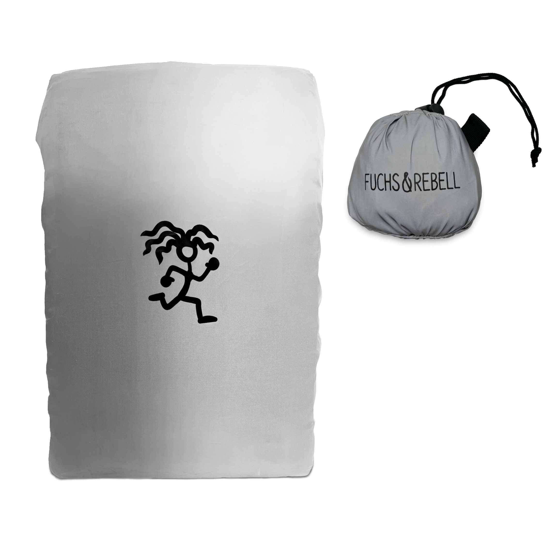 Frontansicht der vollreflektierenden Regenschutzhuelle fuer Rucksaecke mit schwarzen Logo und integrierter Tasche.