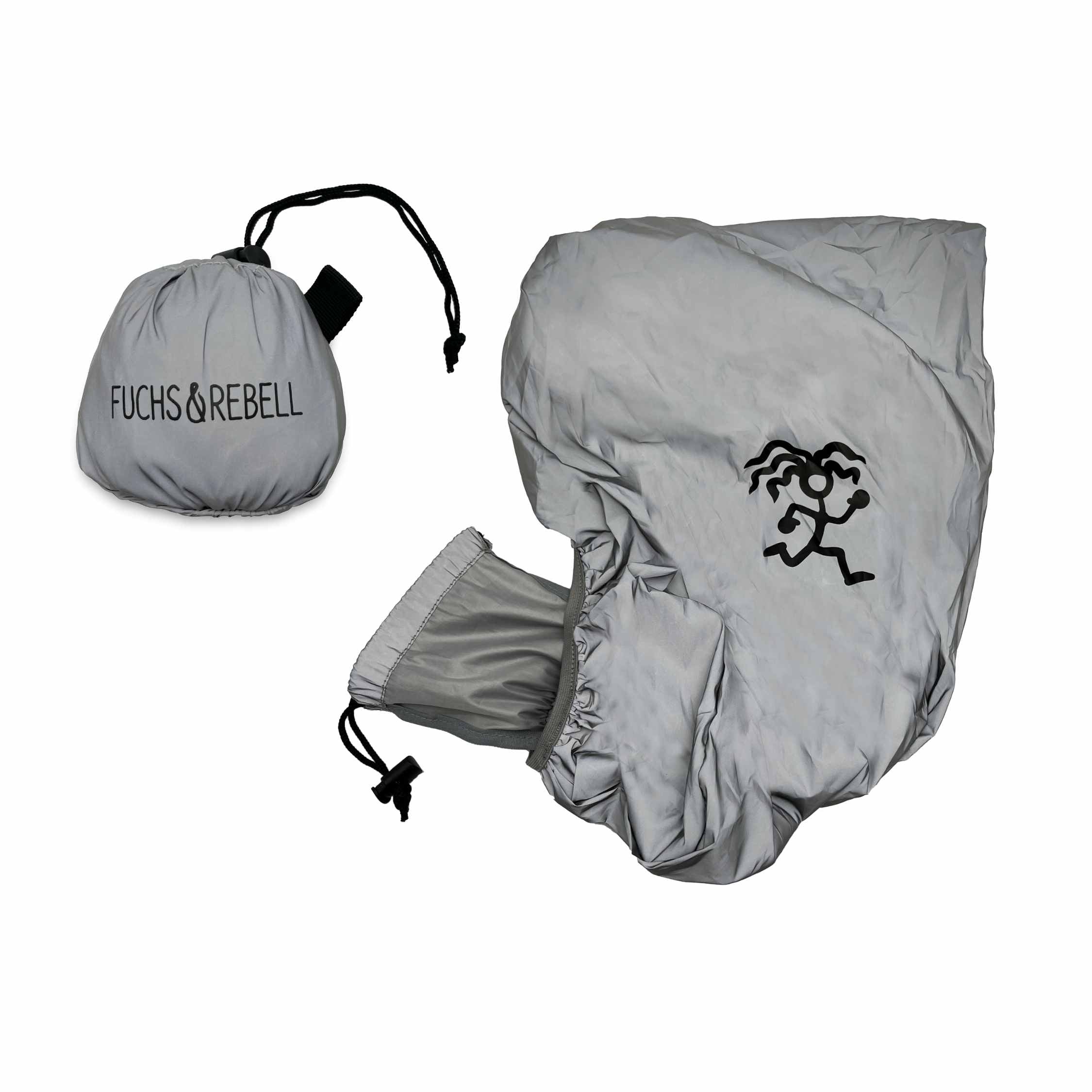 Vollreflektierende Regenschutzhuelle mit schwarzem Logo und integrierter Tasche für mehr Sicherheit im Dunkeln und Schutz vor Regen und Schnee