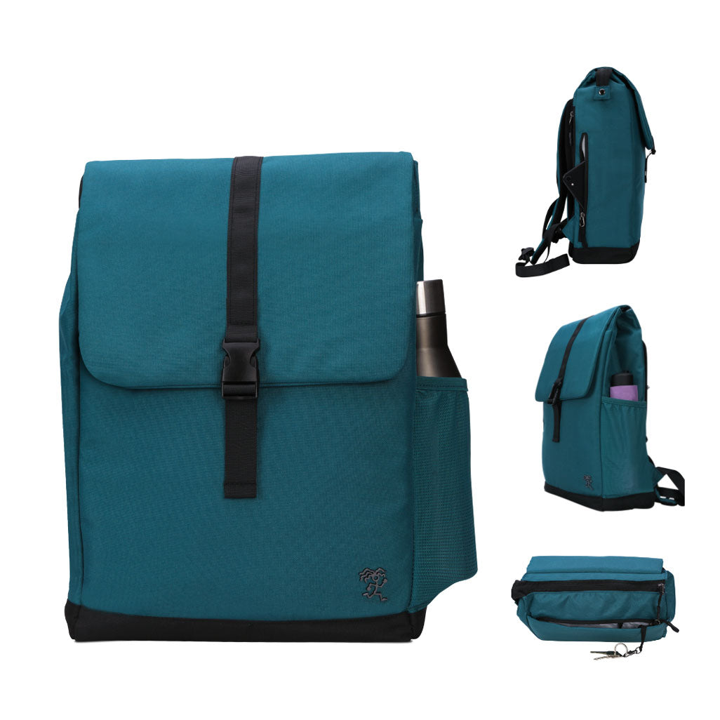 Rundumansicht des petrolblauen FUCHS und REBELL MATS Daypack Rucksacks mit speziellen Features