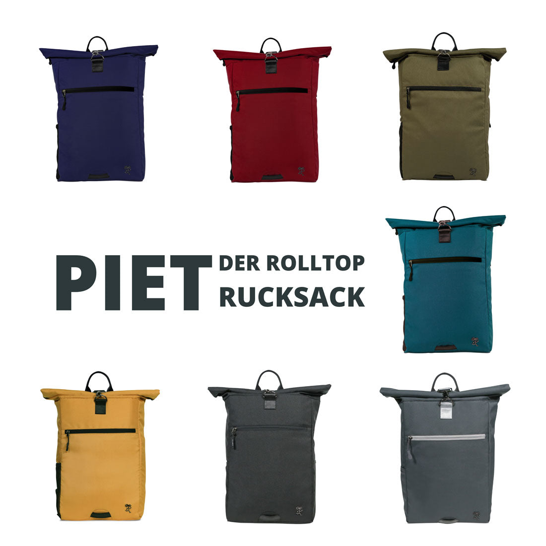 Aktuelle Farbkollektion des FUCHS und REBELL PIET Rolltop Rucksacks: dunkelblau, rot, gruen, petrolblau, dunkelgrau, schwarz und senfgelb
