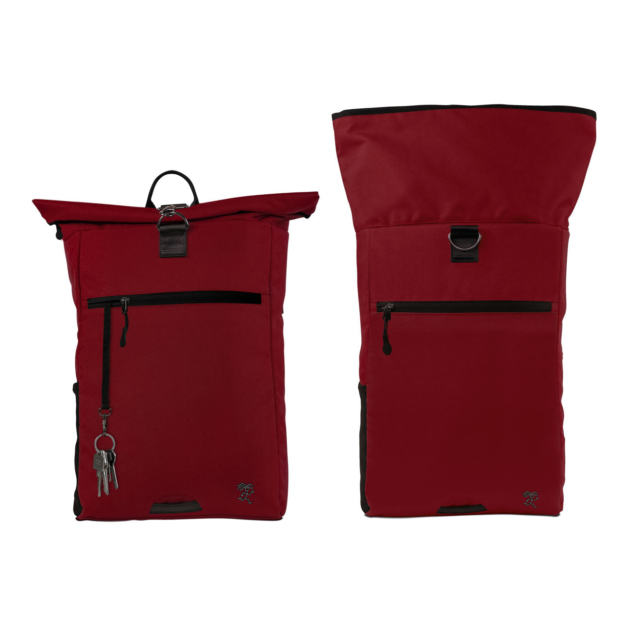 Vorderansicht des roten FUCHS und REBELL PIET Rolltop Rucksacks mit eingerolltem und ausgerolltem Rolltop