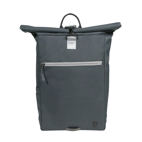 Vorderansicht des dunkelgrauen FUCHS und REBELL PIET Rolltop Rucksacks