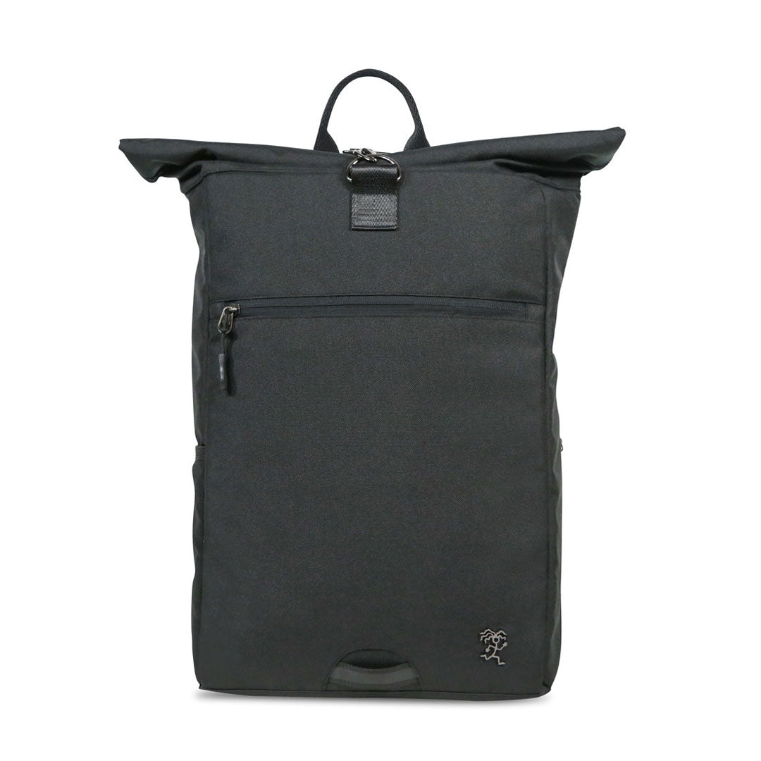 Vorderansicht des schwarzen FUCHS und REBELL PIET Rolltop Rucksacks 