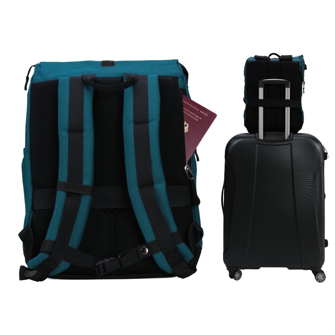 Rueckenansicht des FUCHS und REBELL MATS Daypacks in petrolblau mit gepolstertem Ruecken und Schultergurten, abnehmbarem Brustgurt, stabilem Koffergurt und Anti-Diebstahlfach.
